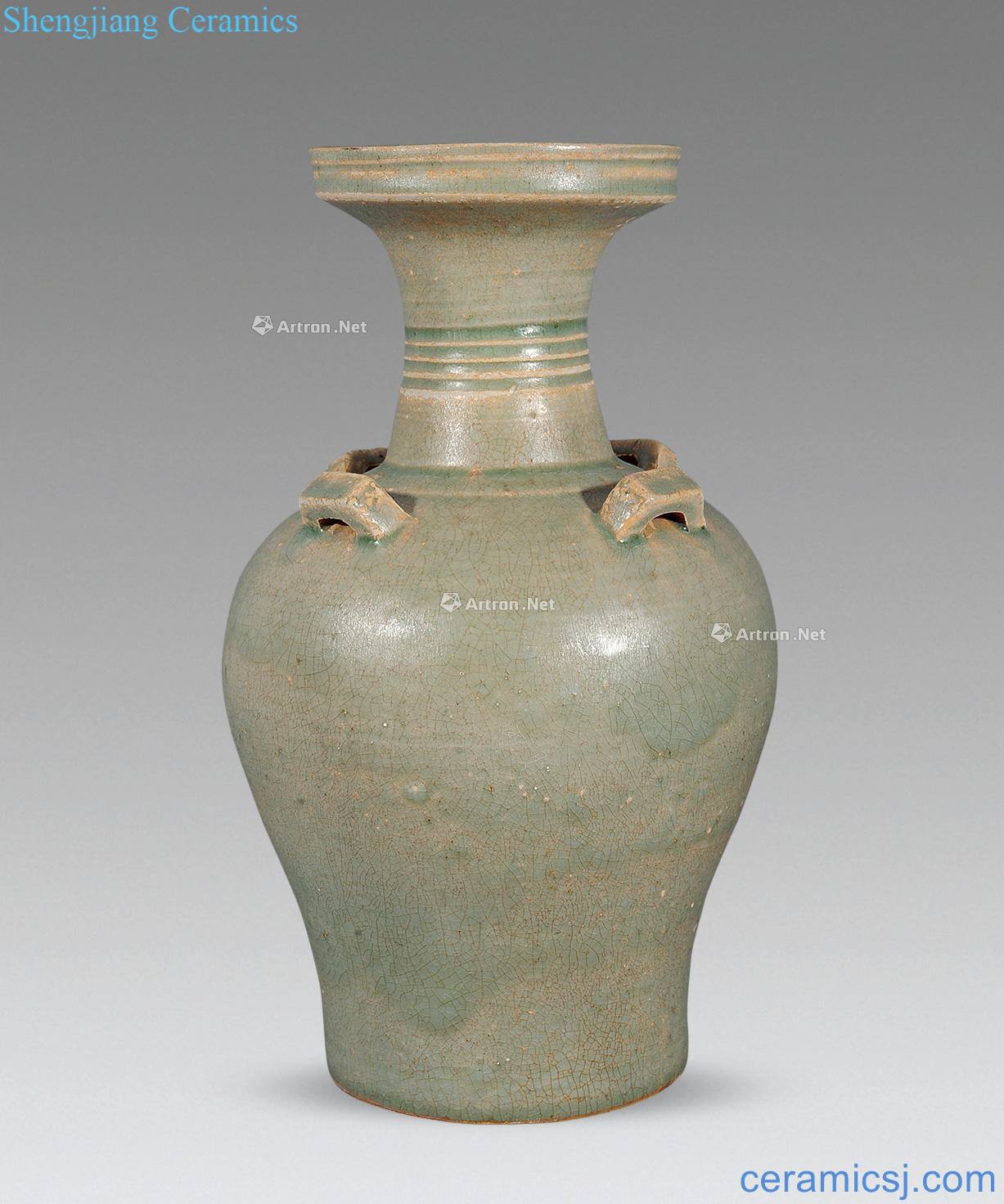 Ming or earlier Celadon four dish buccal bottle