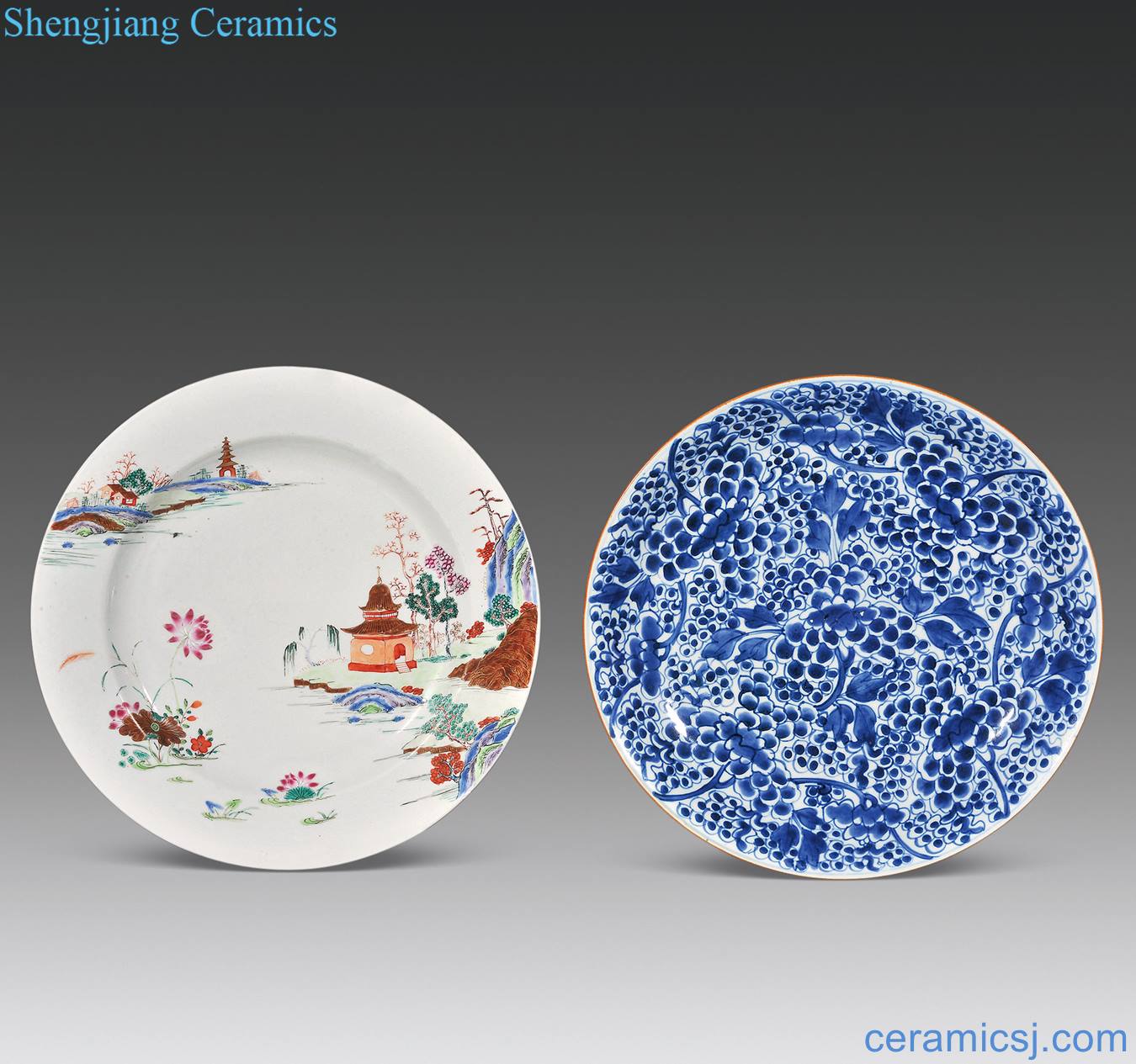 The qing emperor kangxi Qing yongzheng Blue and white peony grain market Grain to the market each a pastel landscape characters