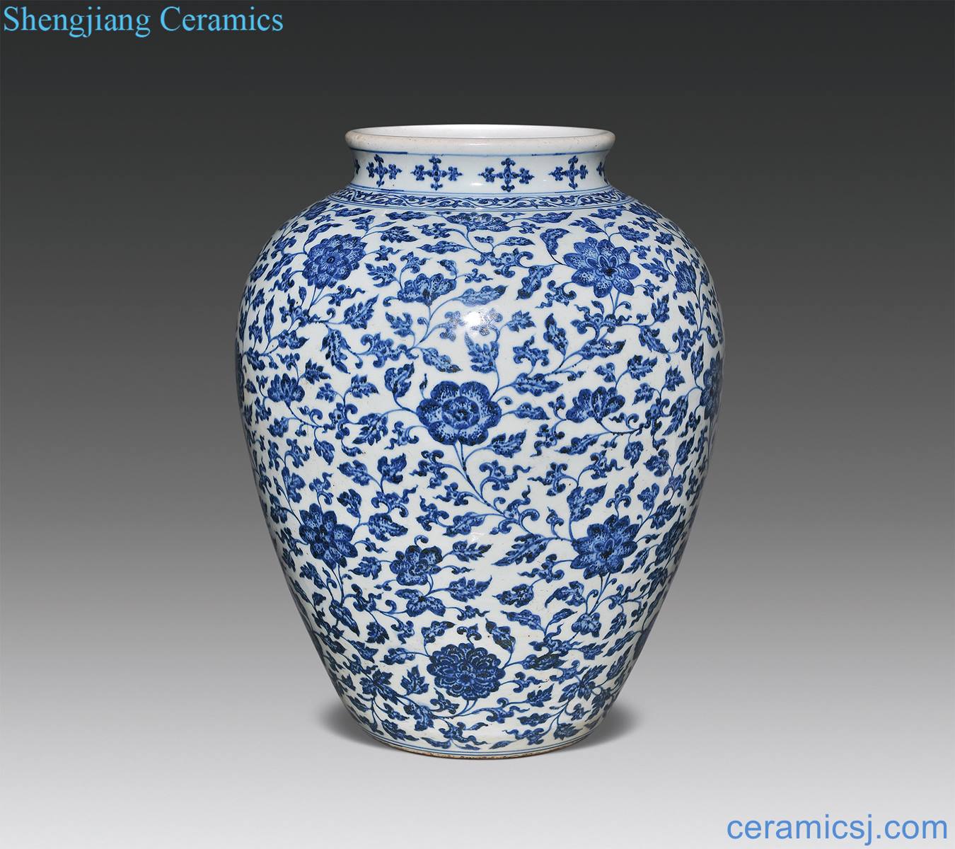 Qing qianlong Blue and white lotus flower grain big white cans