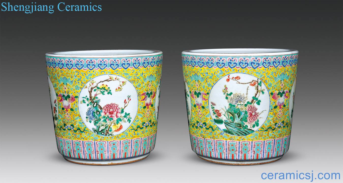 In late qing dynasty Yellow to pastel live sanduo medallion flower grain big flower pot (a)