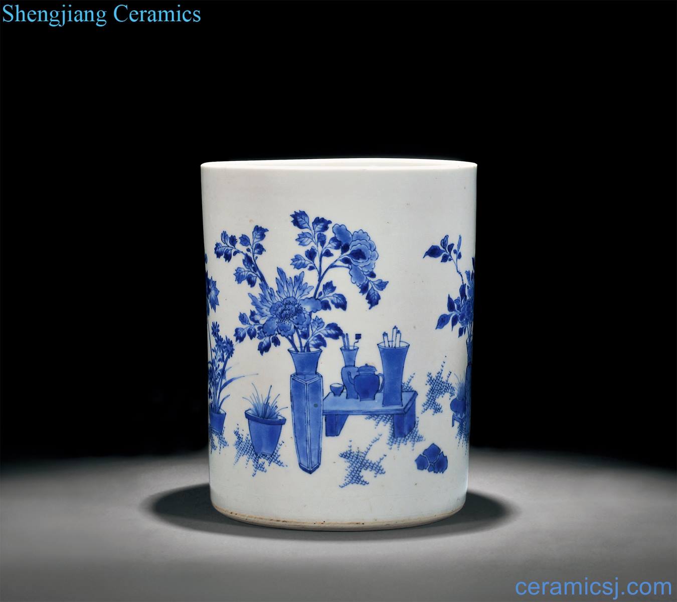 Ming chongzhen Blue and white bottle spend big brush pot