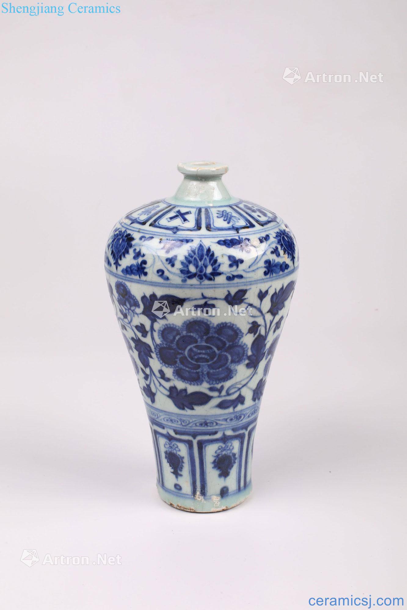 At the end of the yuan Ming Blue and white peony pattern mei bottle