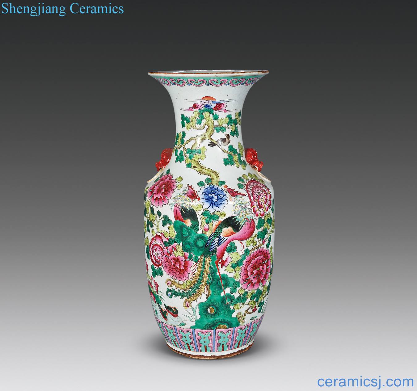 In late qing pastel phoenix peony figure lion big bottle ears