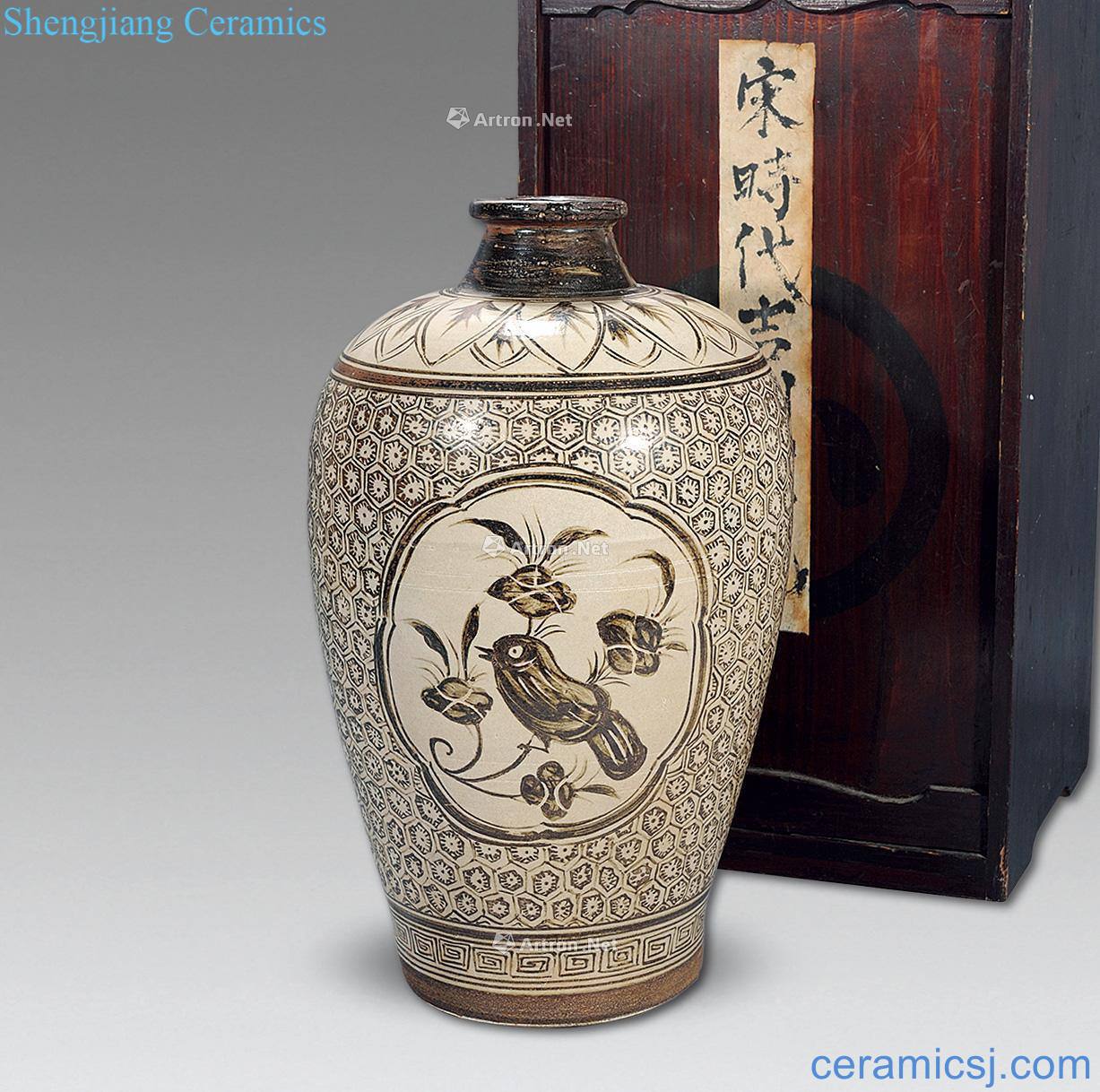 Ming or earlier Magnetic state kiln painting of flowers and plum bottle