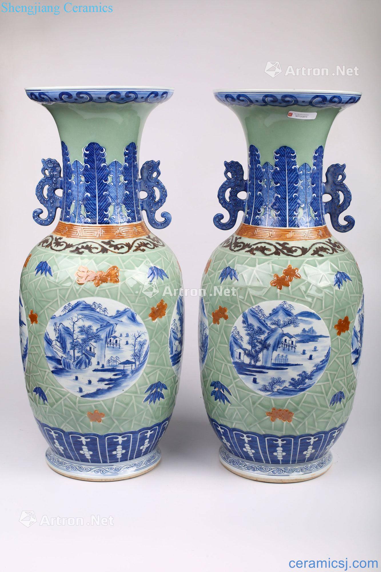 Qing pea green glaze blue and white landscape pattern double ears have card (a)