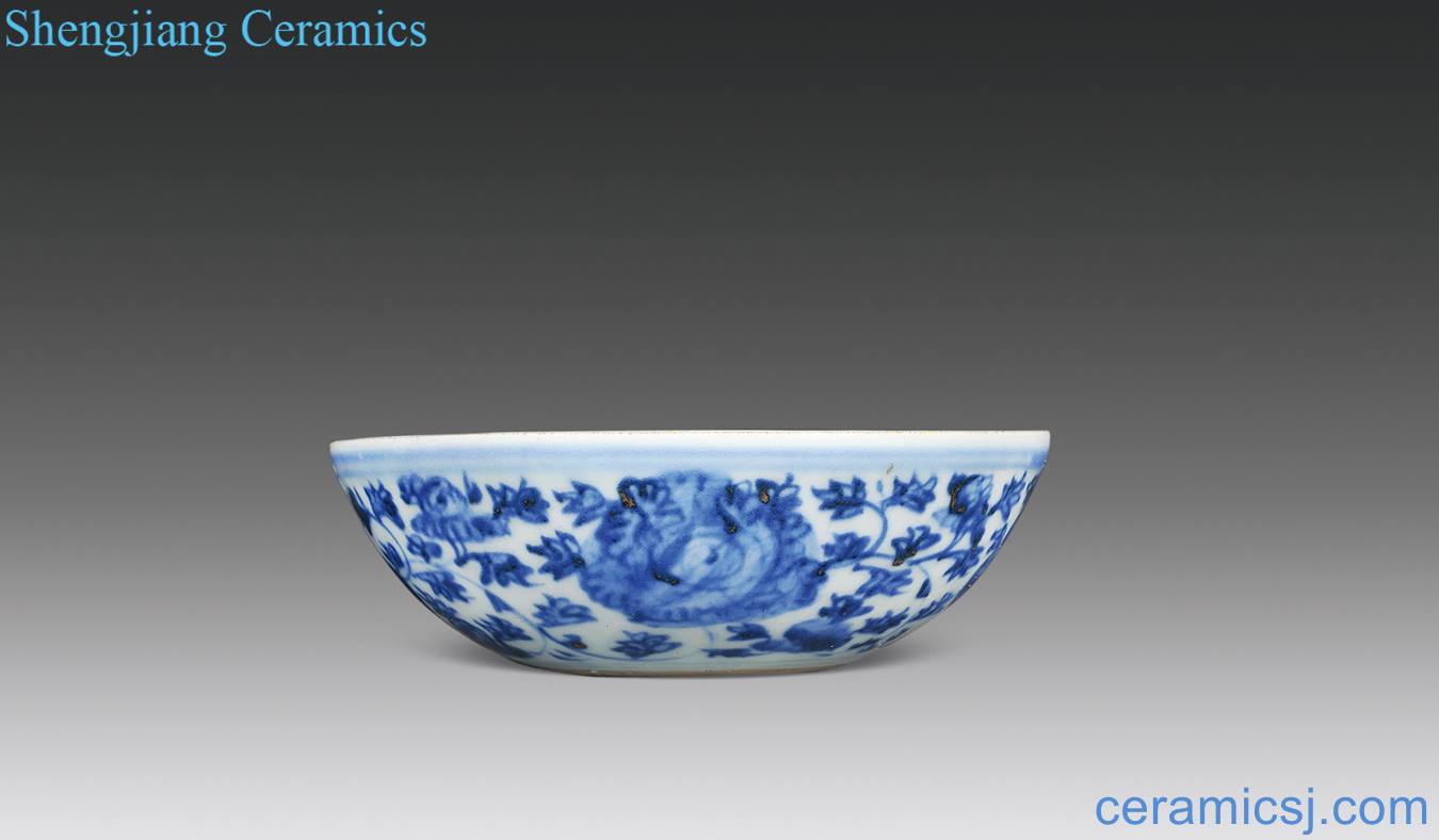 Ming dynasty Blue and white flowers around branches cross pestle lines lie the foot bowl