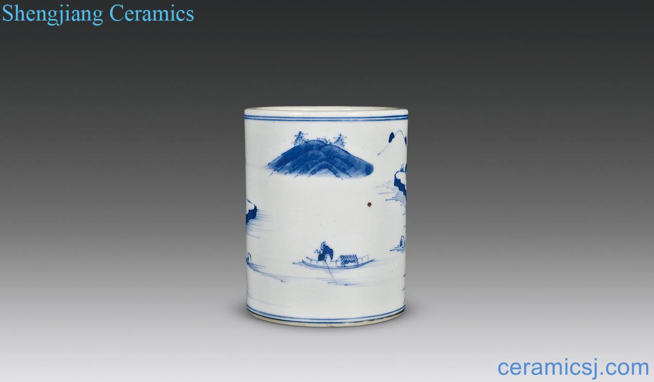 In late qing dynasty Blue and white landscape character tattoo pen container