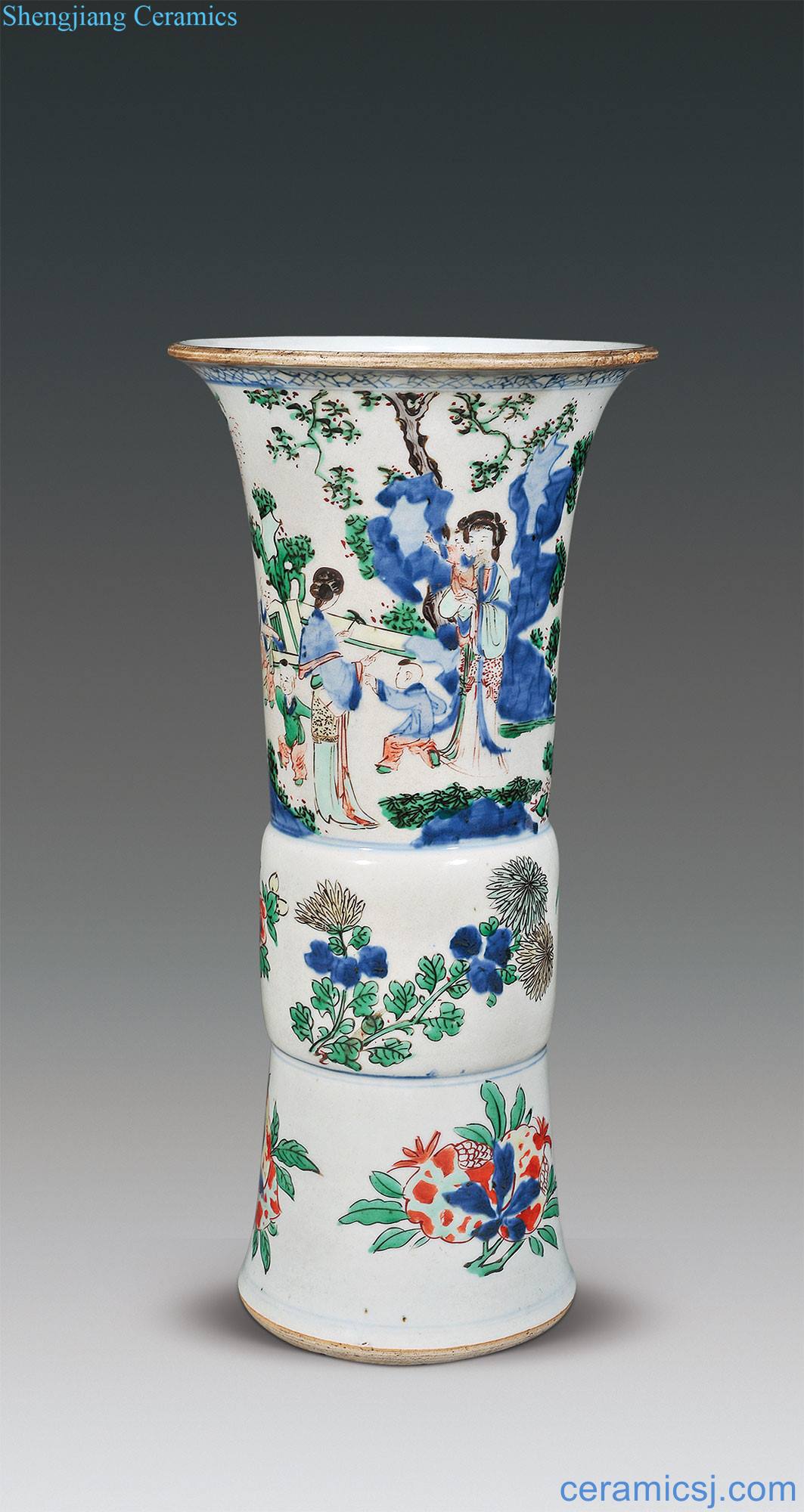 Qing shunzhi Blue and white color figure flower vase with his godson