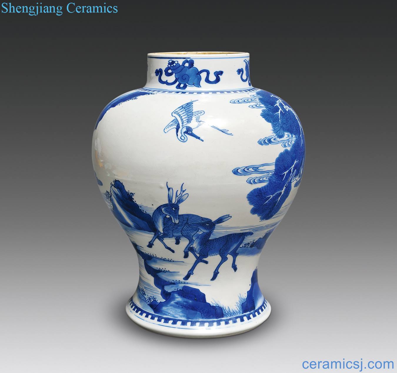 The qing emperor kangxi Blue and white crane deer figure general tank with spring