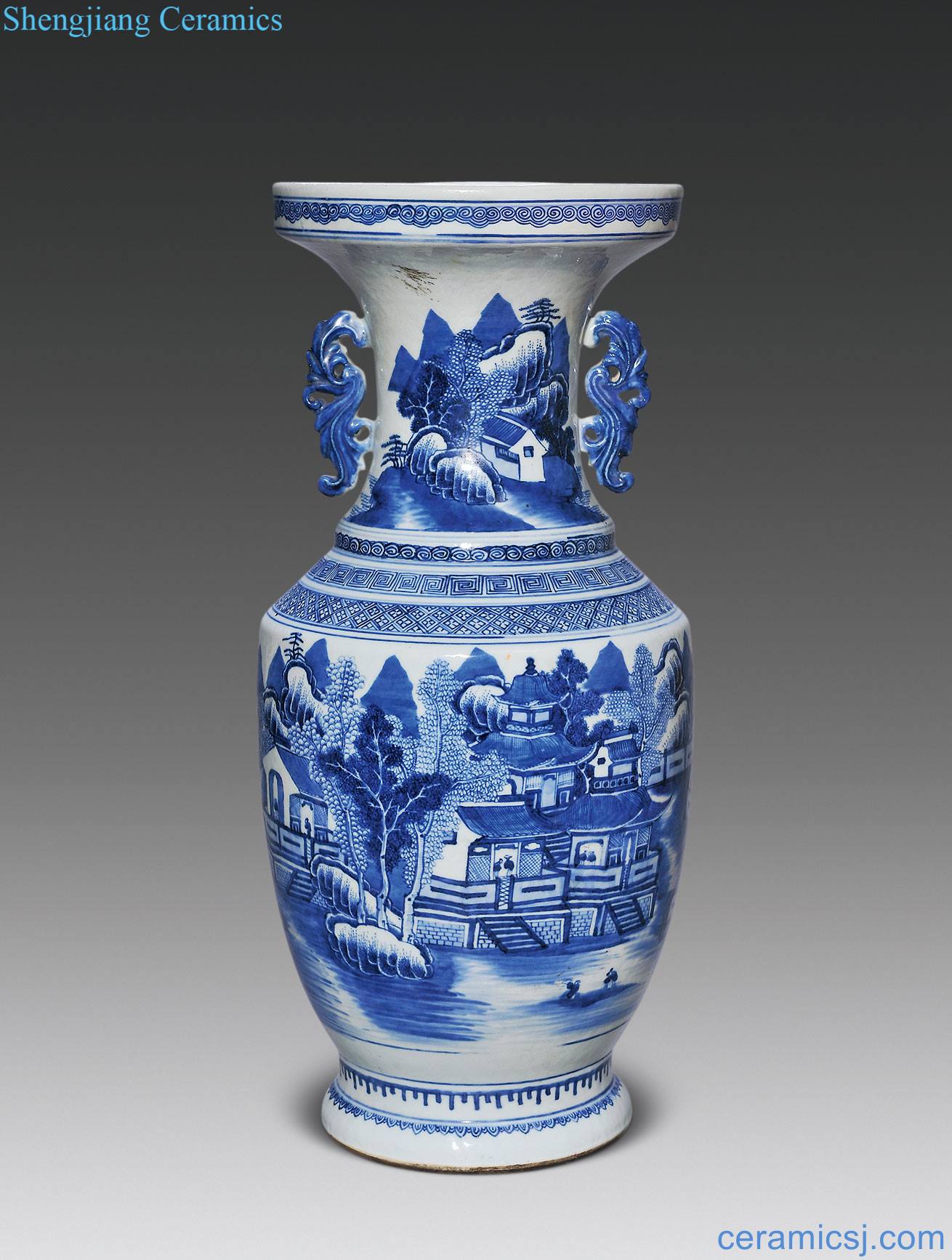 qing Blue and white landscape character lines therefore ear dish buccal bottle