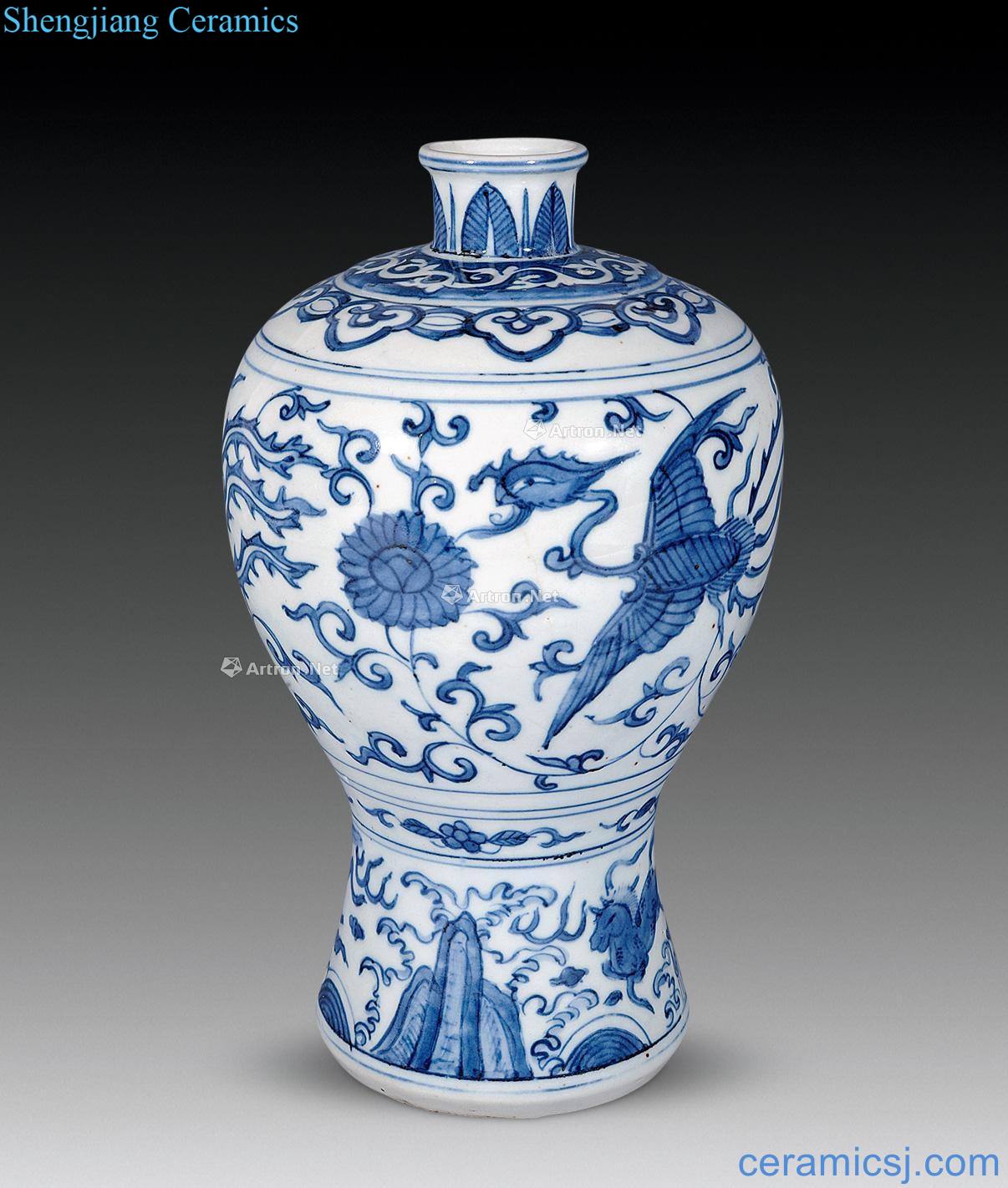 qing Blue and white floral double phoenix mei bottles