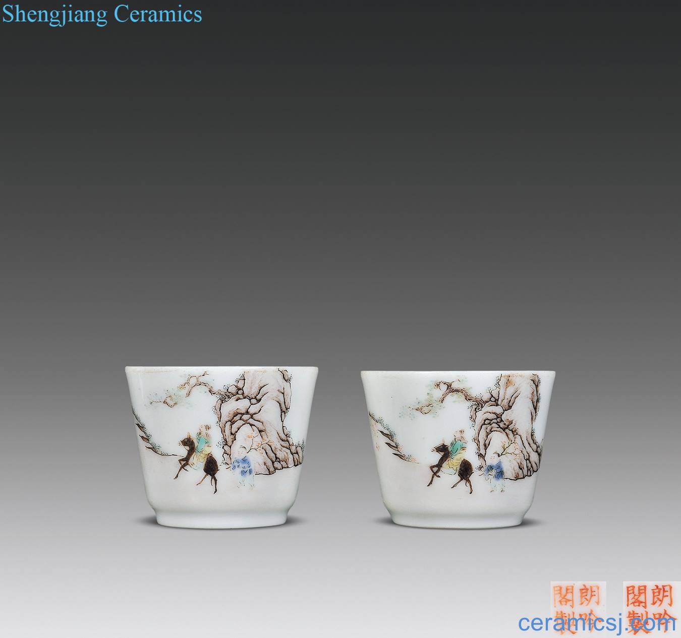 Mid qing Pastel landscape character lines cup (a)