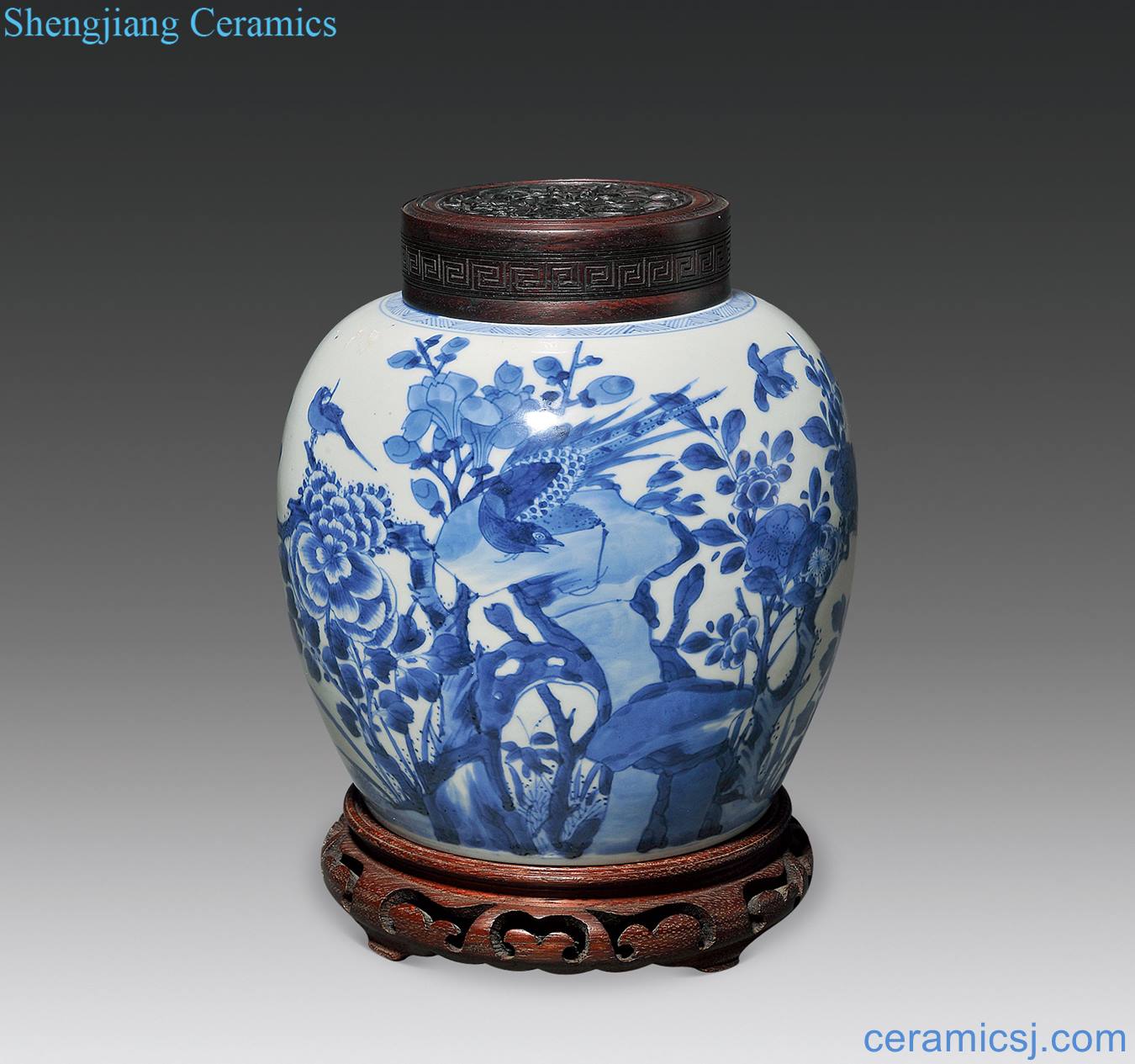 The qing emperor kangxi Blue and white pheasant peony figure cans