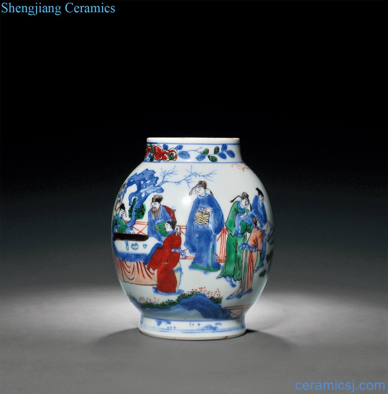 The qing emperor kangxi Blue and white figure lotus seed tank colorful stories of unique romance