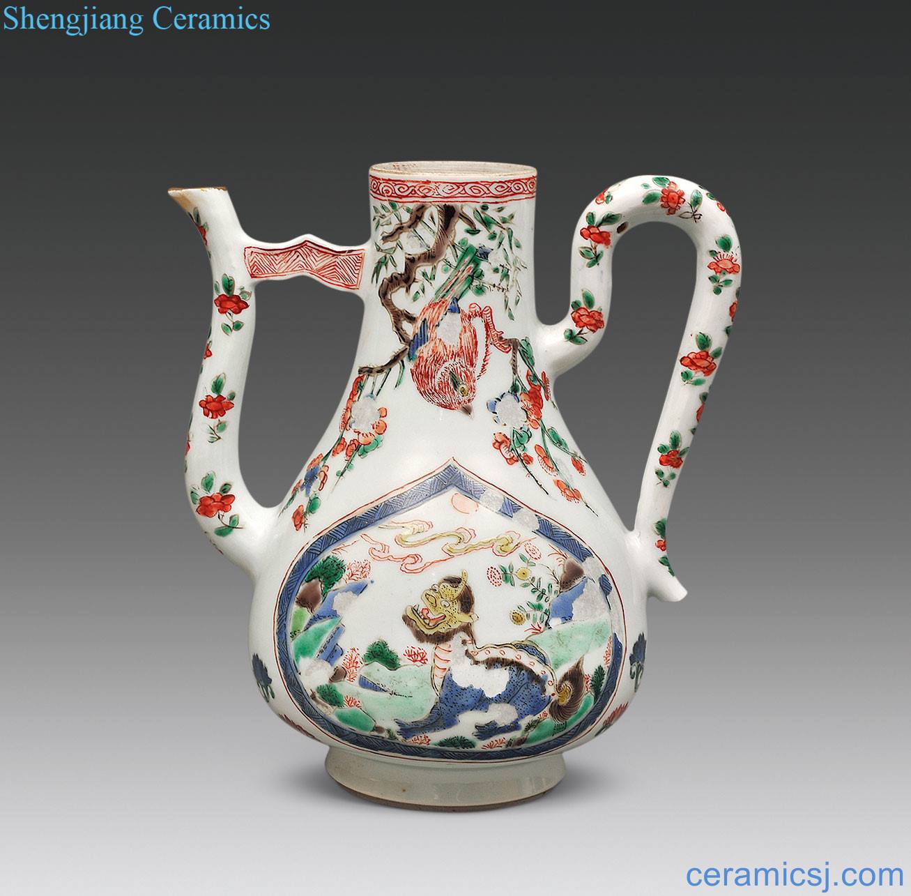 The qing emperor kangxi Colorful flowers and birds medallion benevolent grain ewer