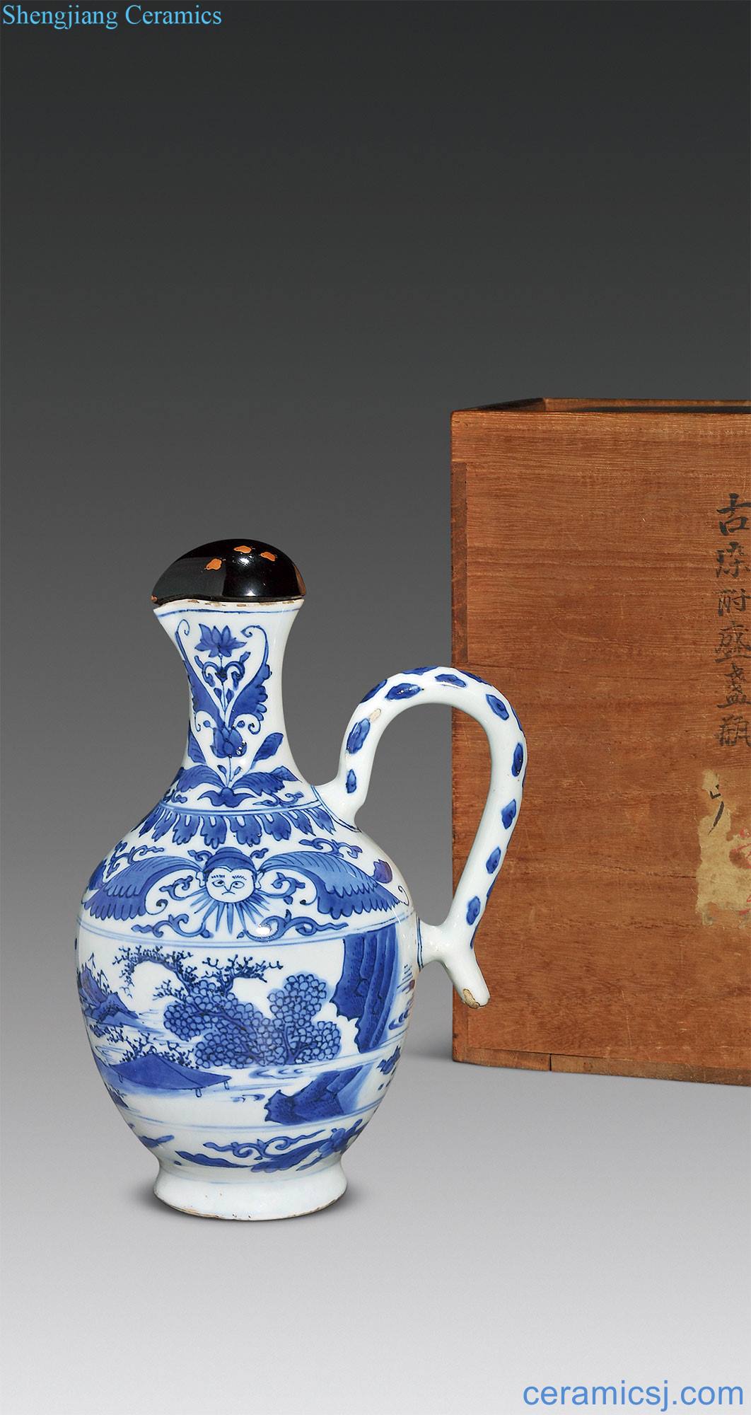 Ming chongzhen Blue and white landscape character lines ewer