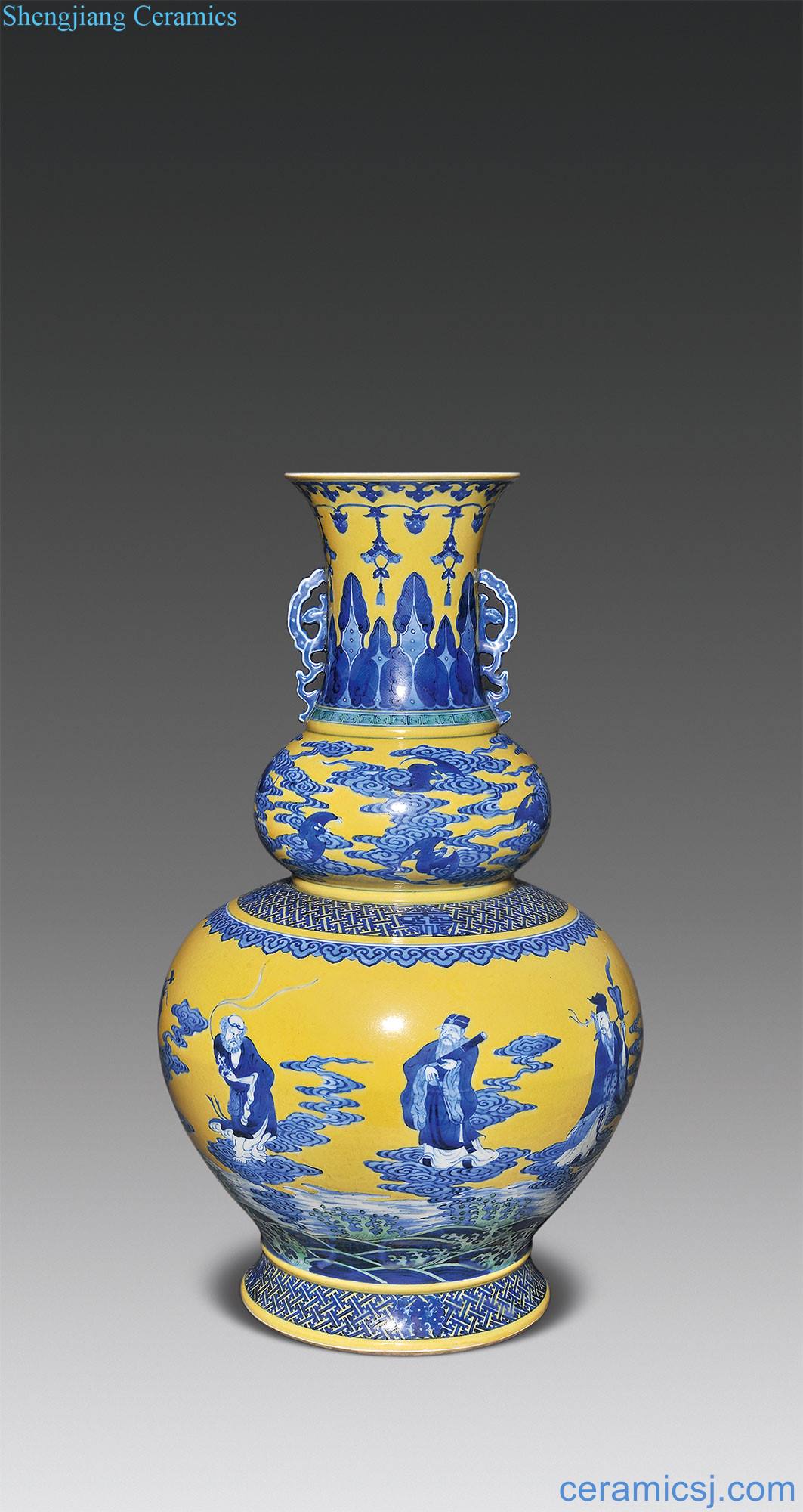 qing Yellow to blue and white figure gourd bottle of the eight immortals