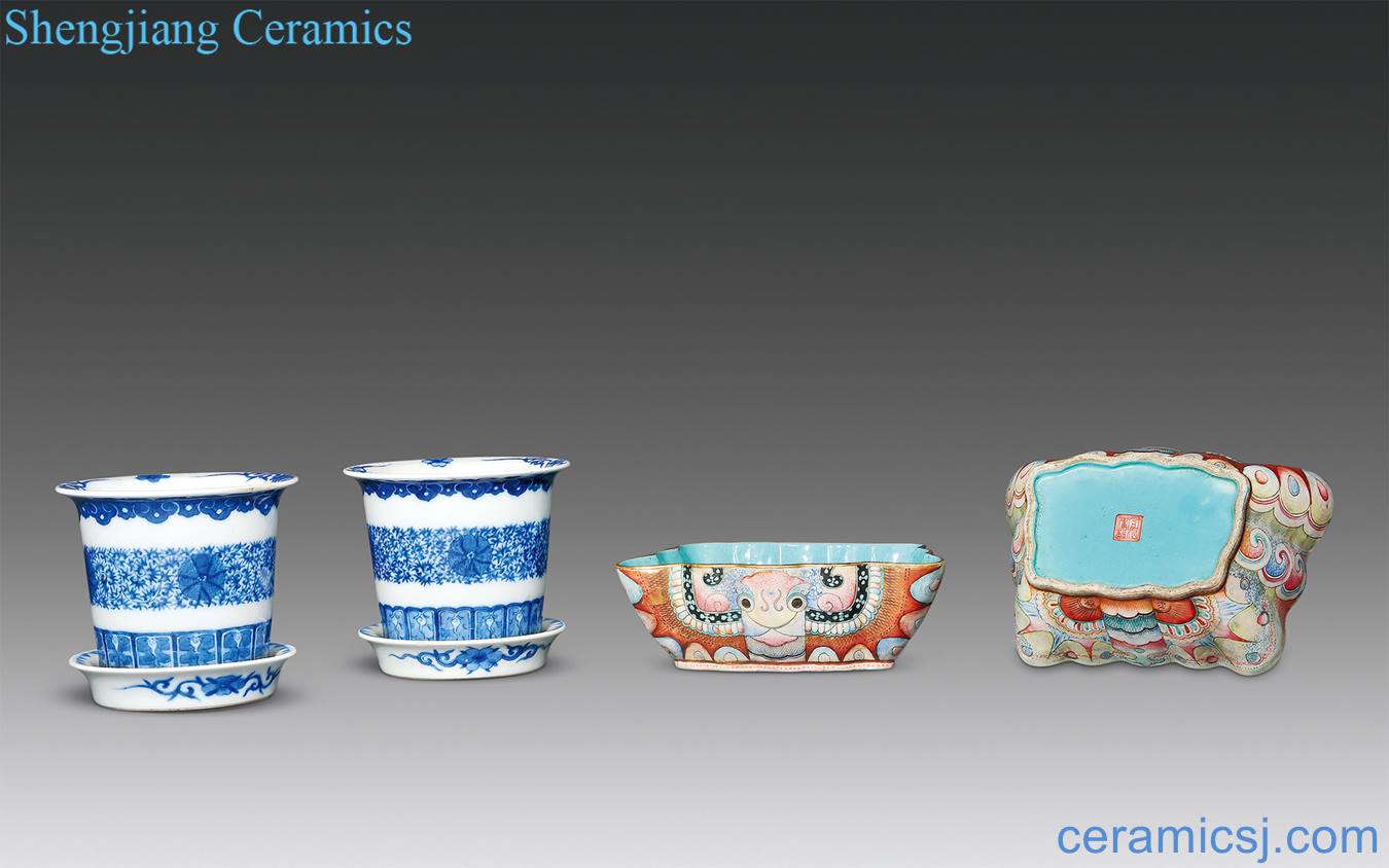 dajing Pastel butterfly bowl of the republic of China Blue and white lotus flower grain flowerpot with casket each pair