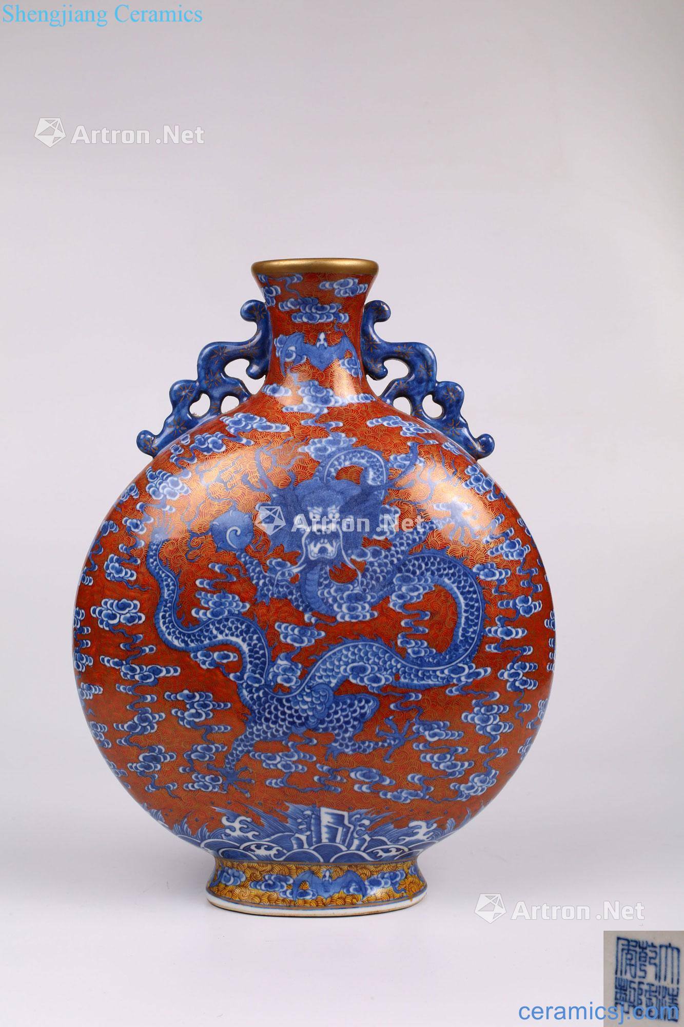 Qing qianlong late red glaze blue dragon ears flat bottles