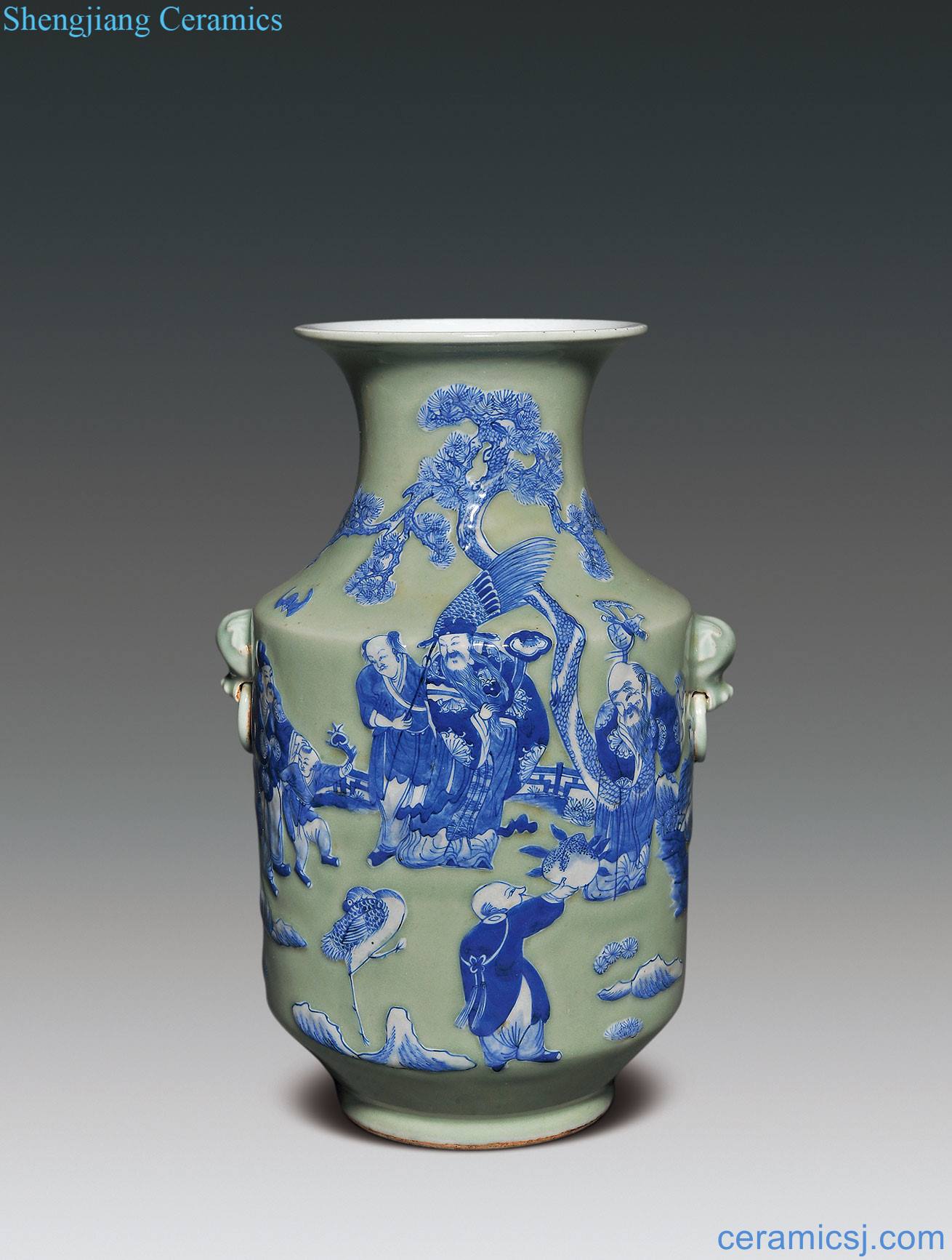 Three map clear blue glaze of pale blue and white vase with a lion