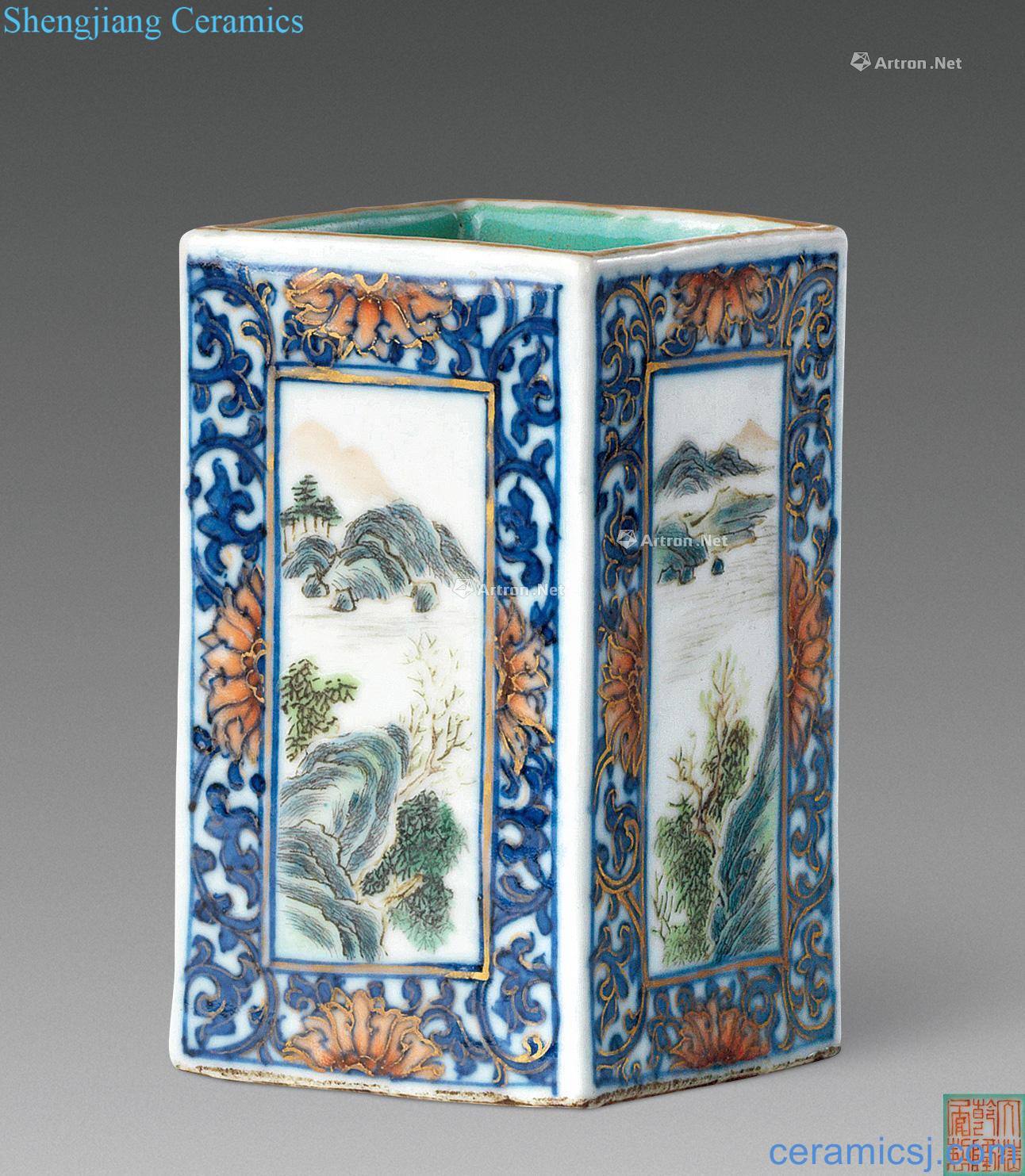 Qing qianlong Blue and white pastel landscape pattern brush pot