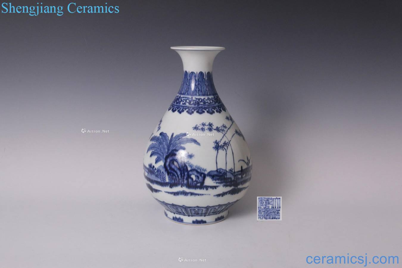 Qing qianlong Blue and white carnation plantain grain okho spring bottle