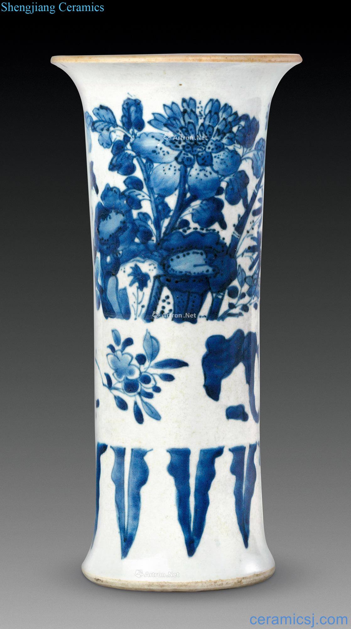 Qing shunzhi Blue and white peony grains vase with flowers