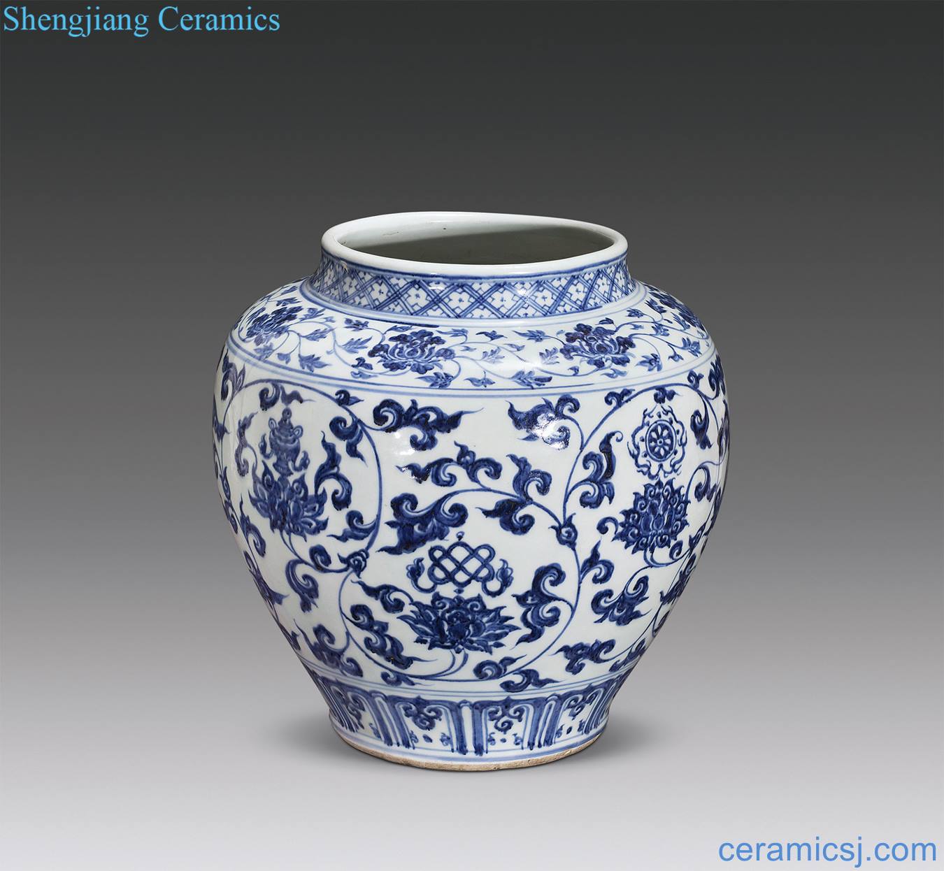 Ming xuande Blue and white tie up eight auspicious grain tank