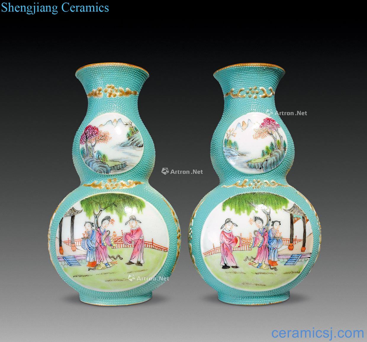 Qing jingdezhen kiln turquoise to powder enamel glaze medallion character wall bottle (a)