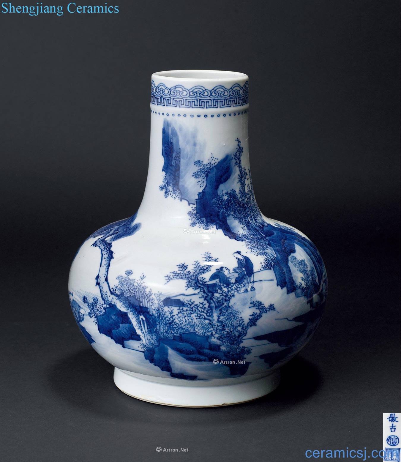 kangxi Blue and white landscape characters straight flask
