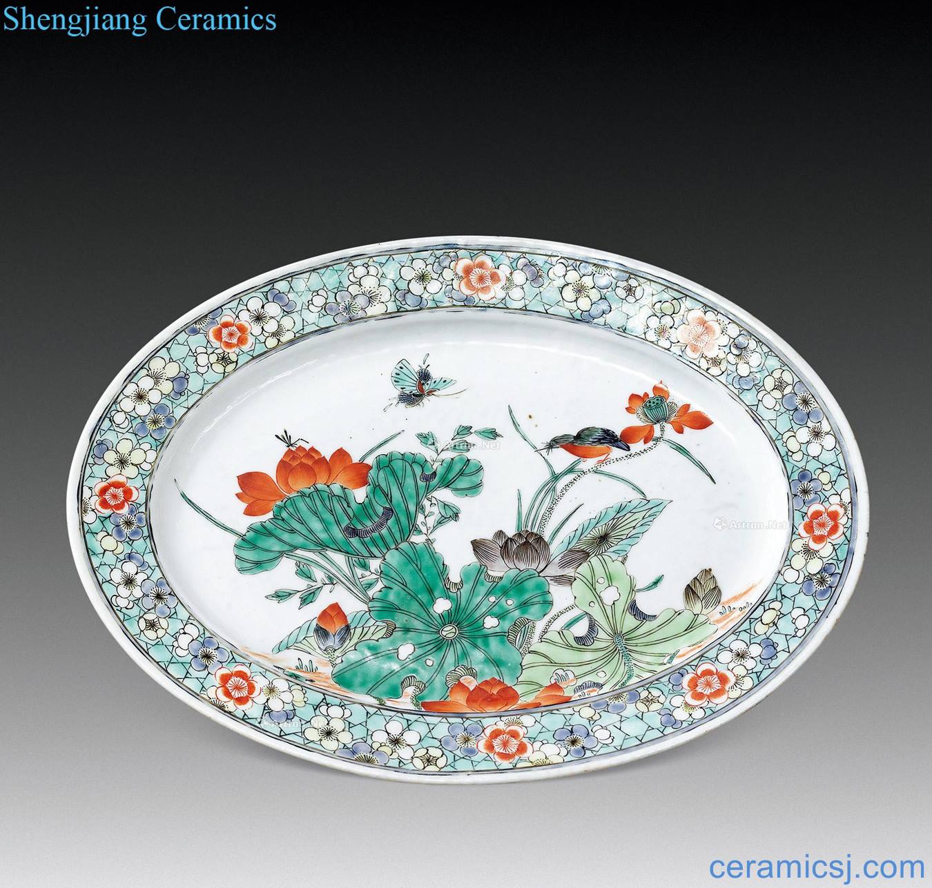 qing Colorful flowers and birds grain oval plate
