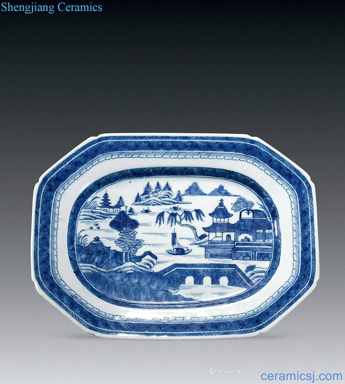 qing Blue and white landscape character lines 6 square plate