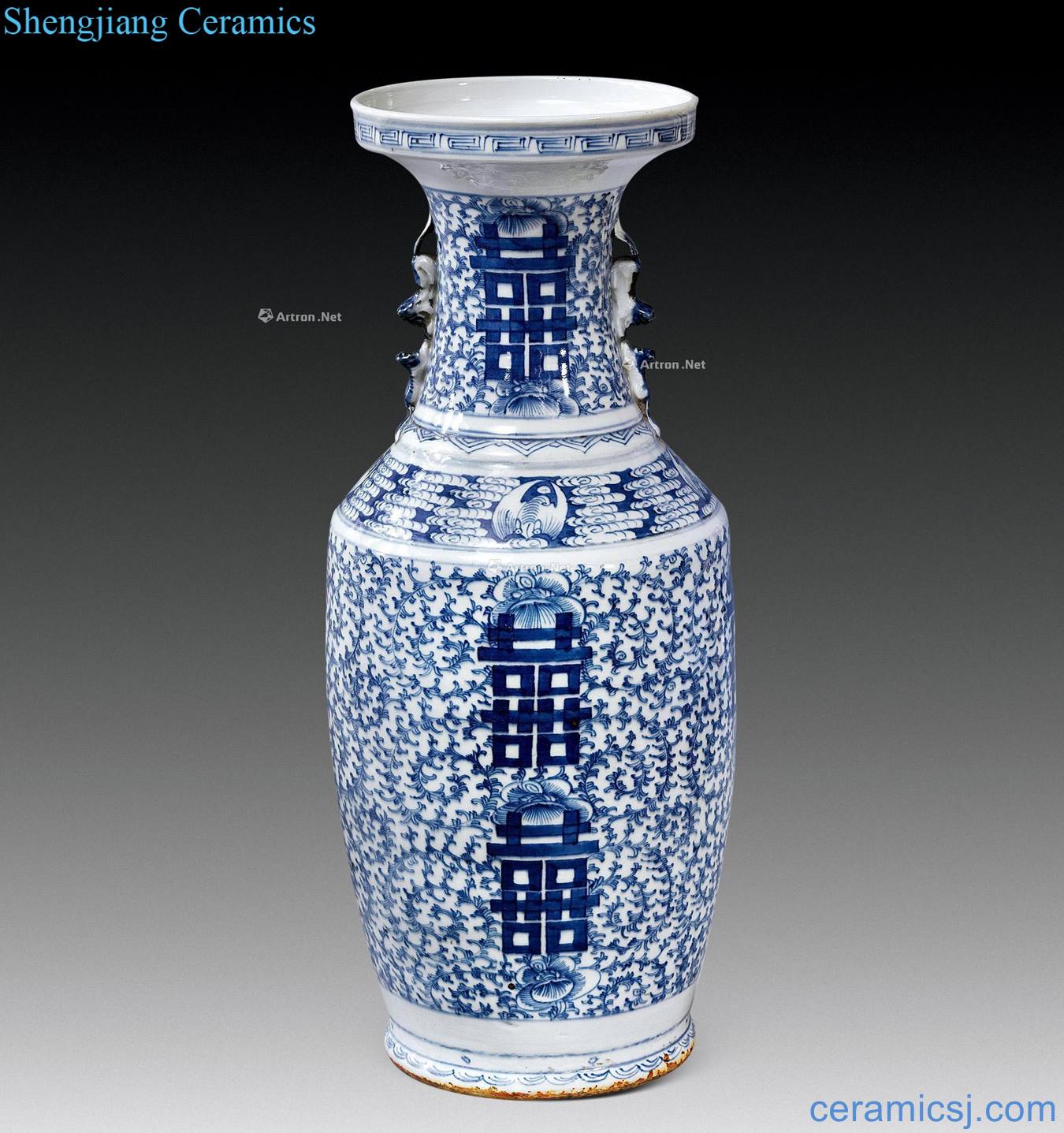 Qing dynasty blue-and-white happy character lotus flower grain beast ear big bottles