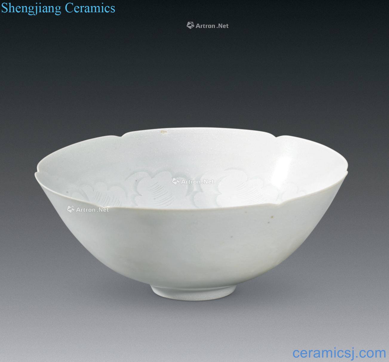 Ming or earlier shadow green kwai mouth bowl carved decorative pattern