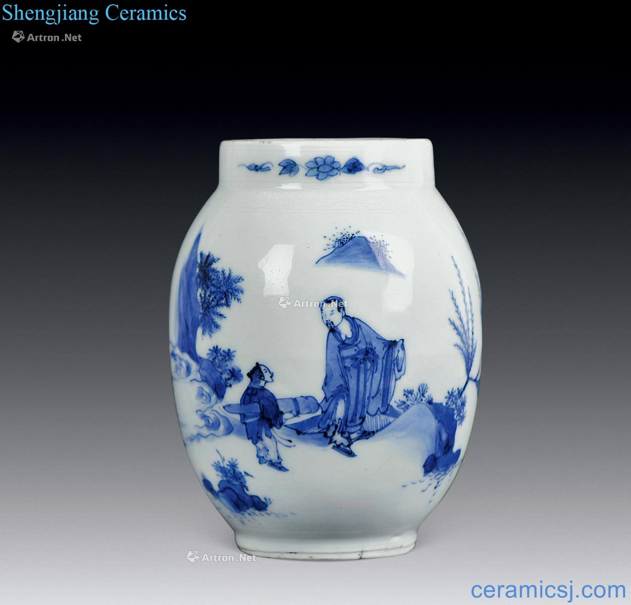 In the qing dynasty Blue and white lotus seed tank