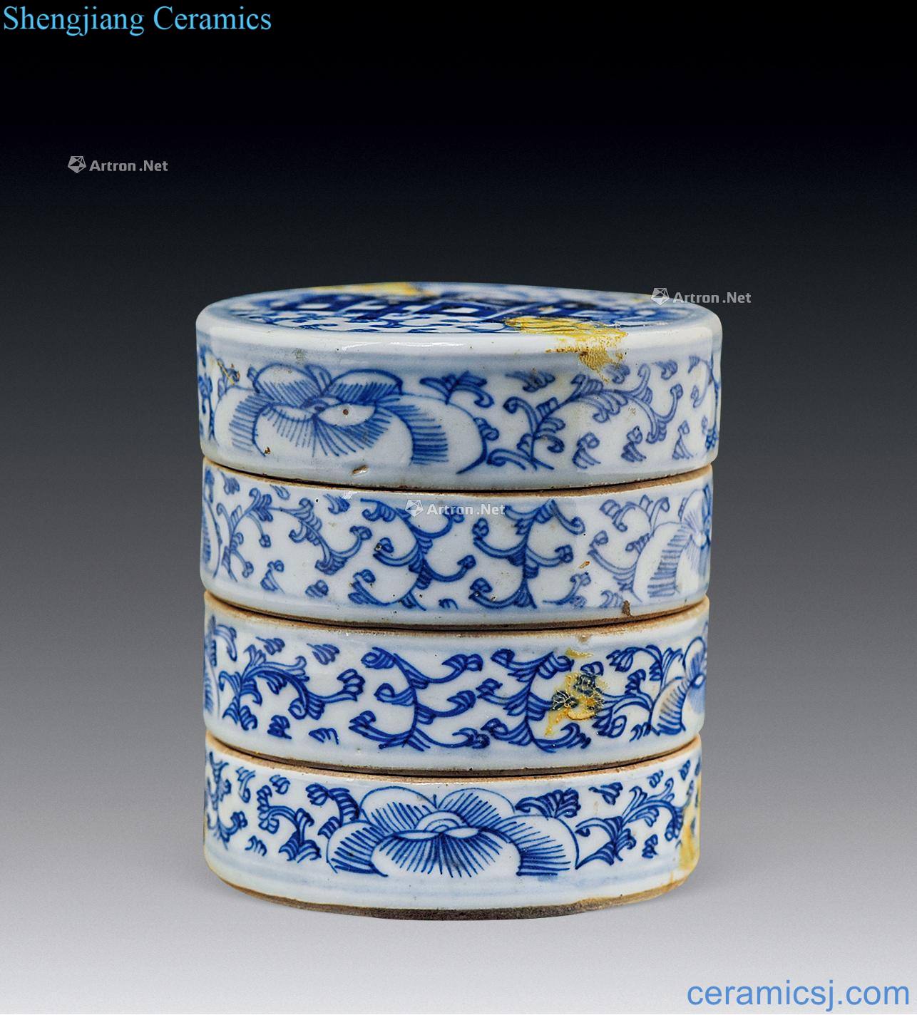 In the qing dynasty Blue and white tie up branch flower box