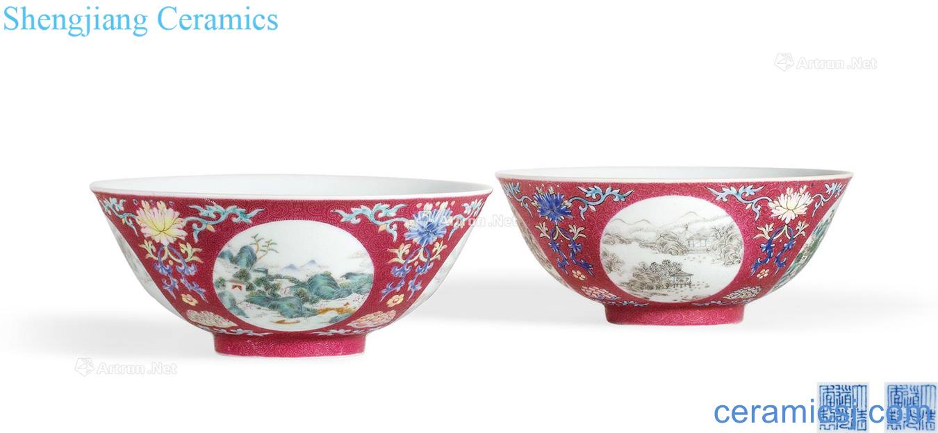 Qing daoguang Rouge purple to rolling famille rose medallion landscape bowl (a)