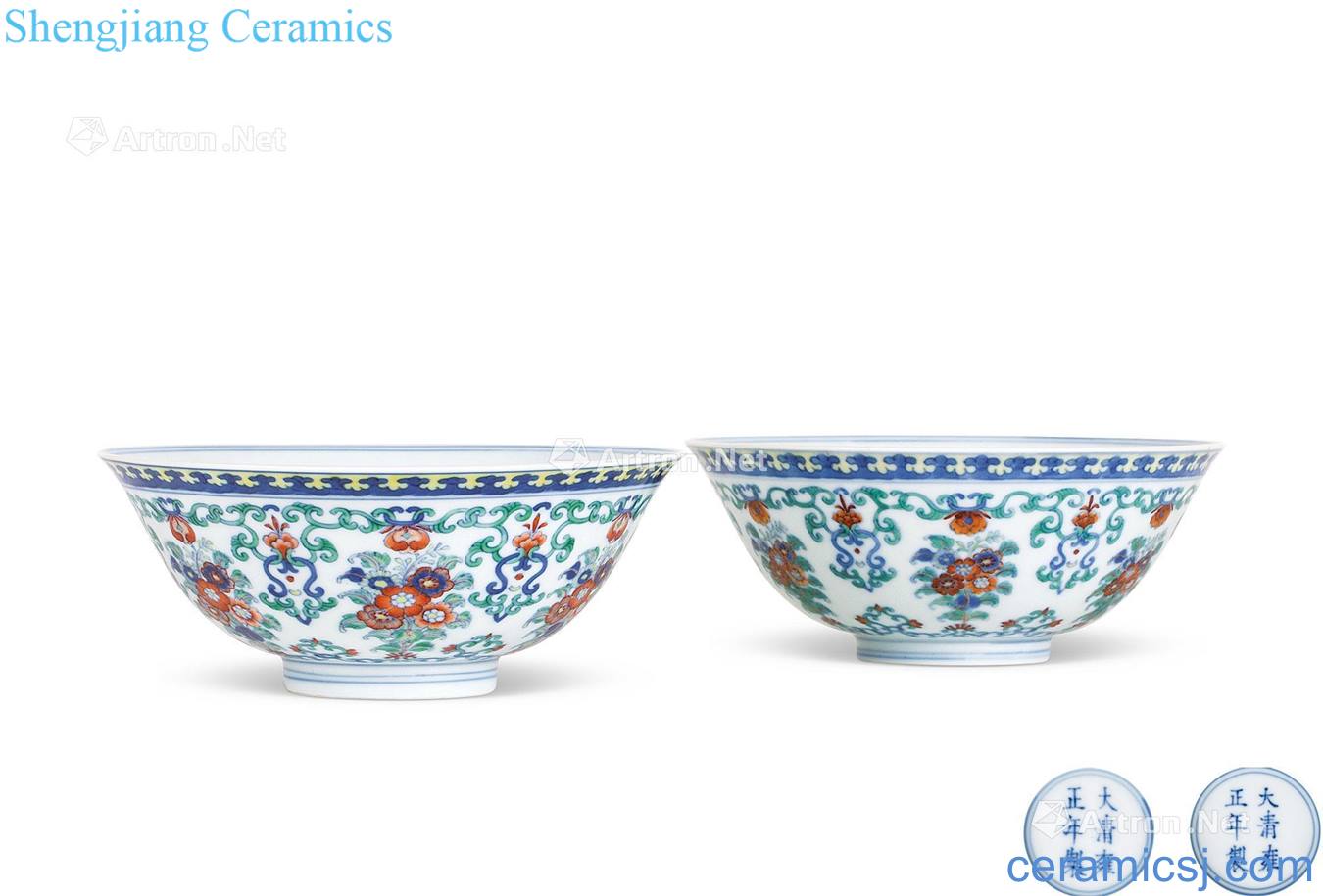 Qing yongzheng Blue and white color bucket chrysanthemum green-splashed bowls (a)