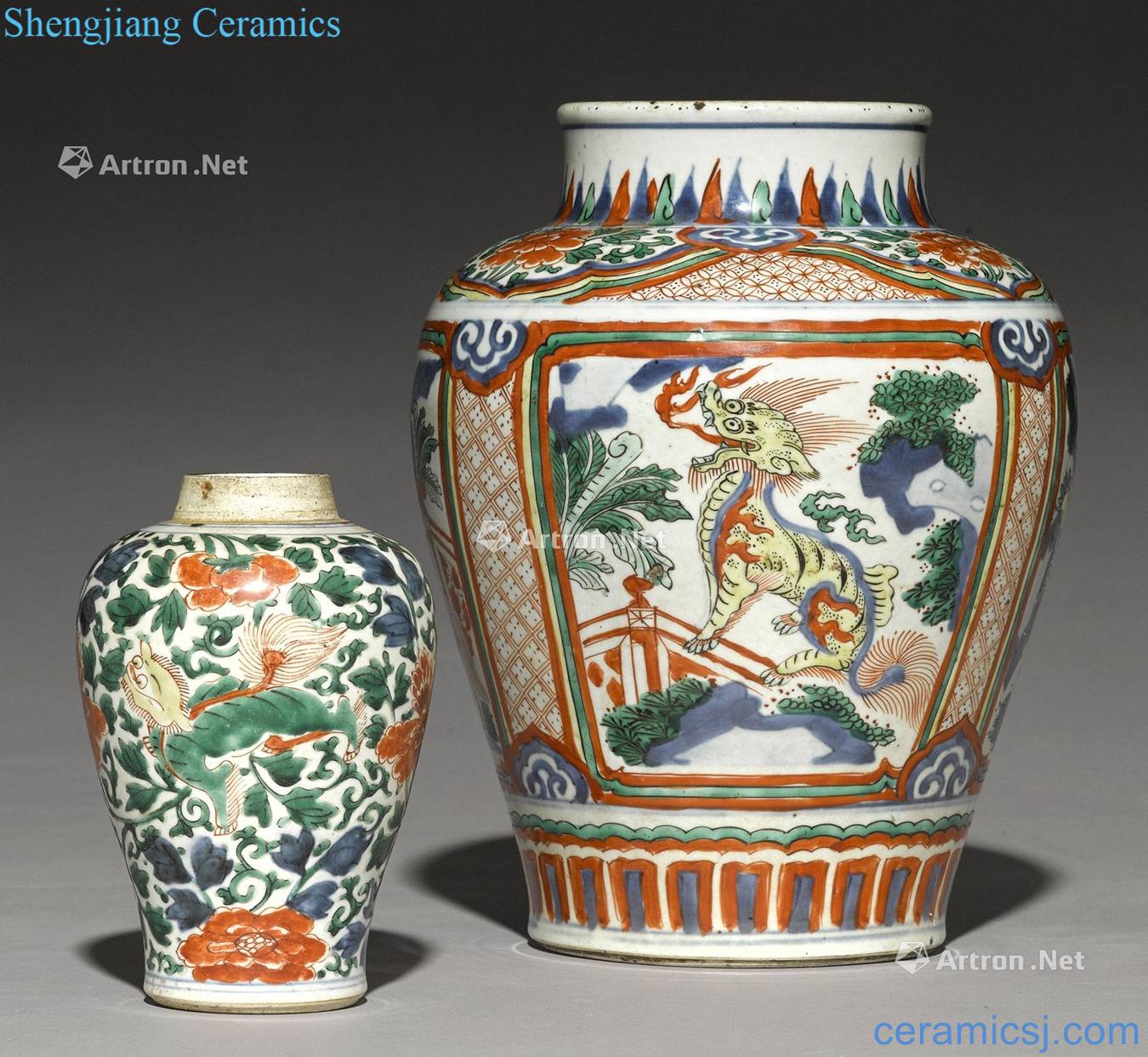 TWO WUCAI - DECORATED VASES