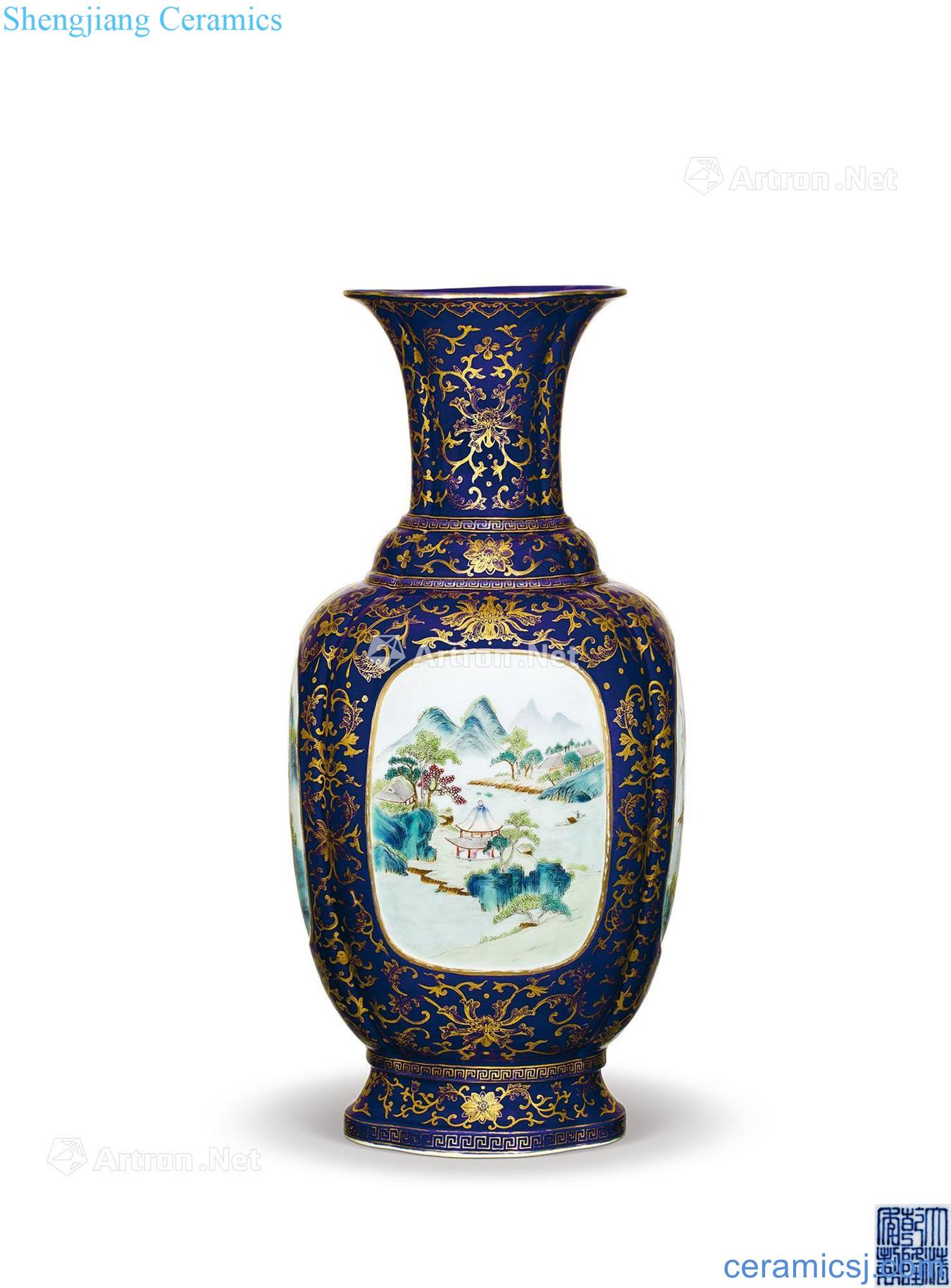 Qing qianlong pastel ji blue paint medallion landscape pattern