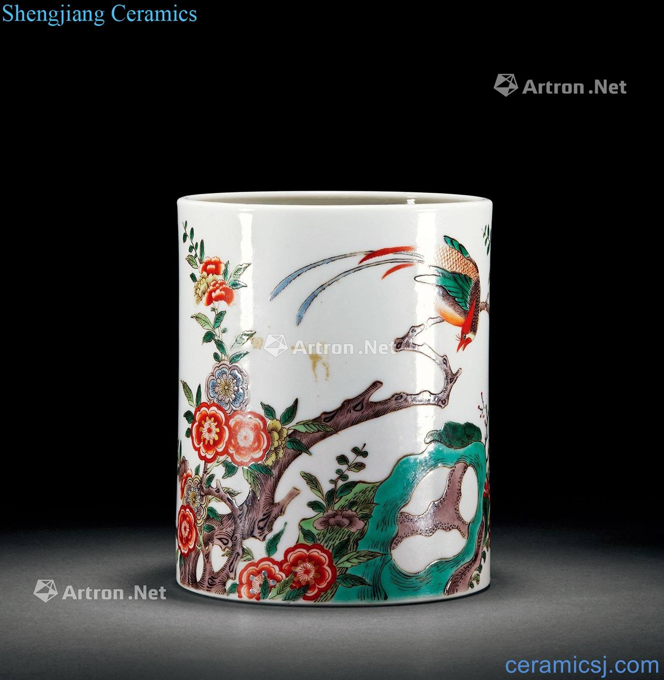 qing Colorful flowers and birds pen container