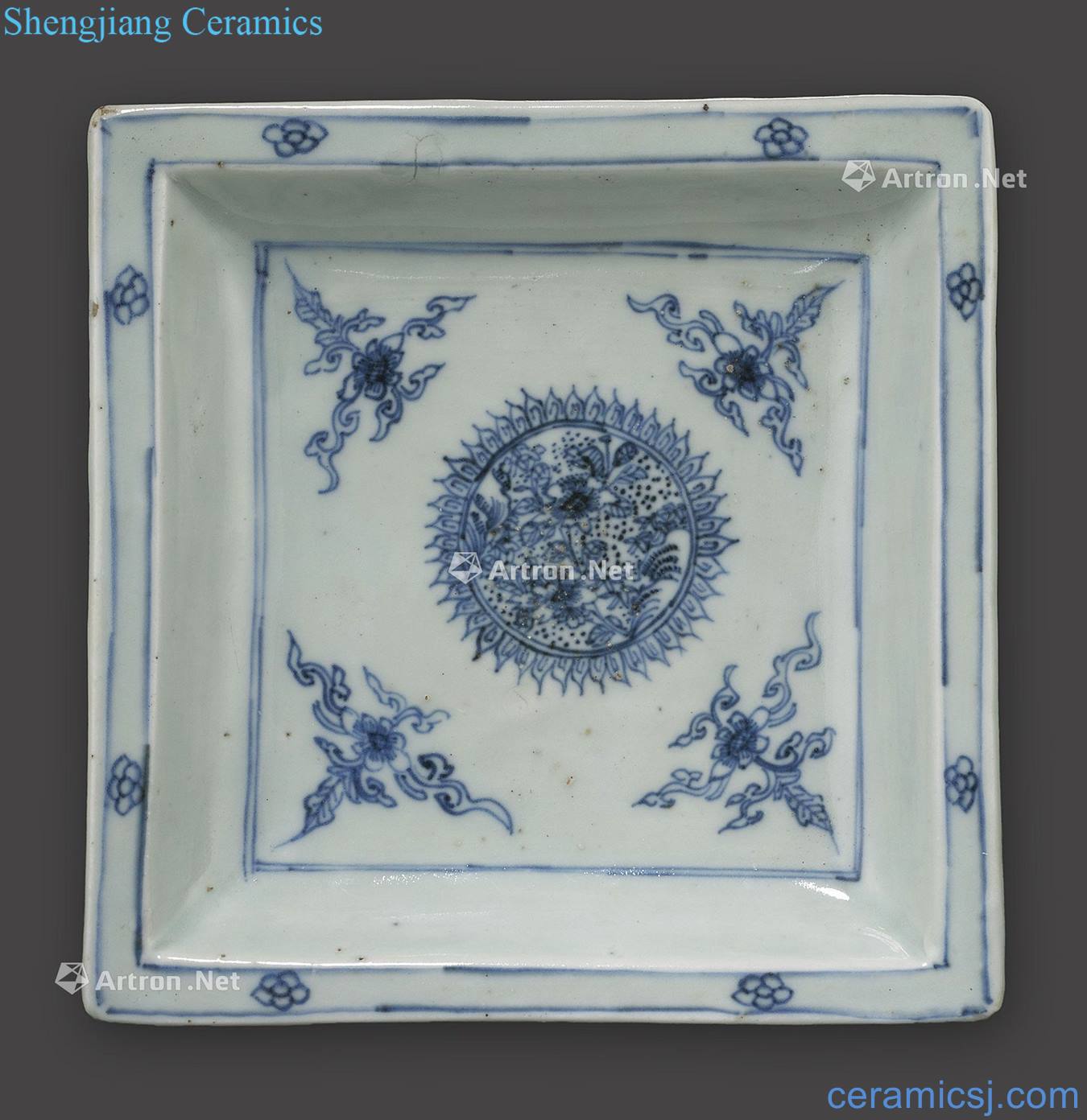 A BLUE AND WHITE SQUARE DISH