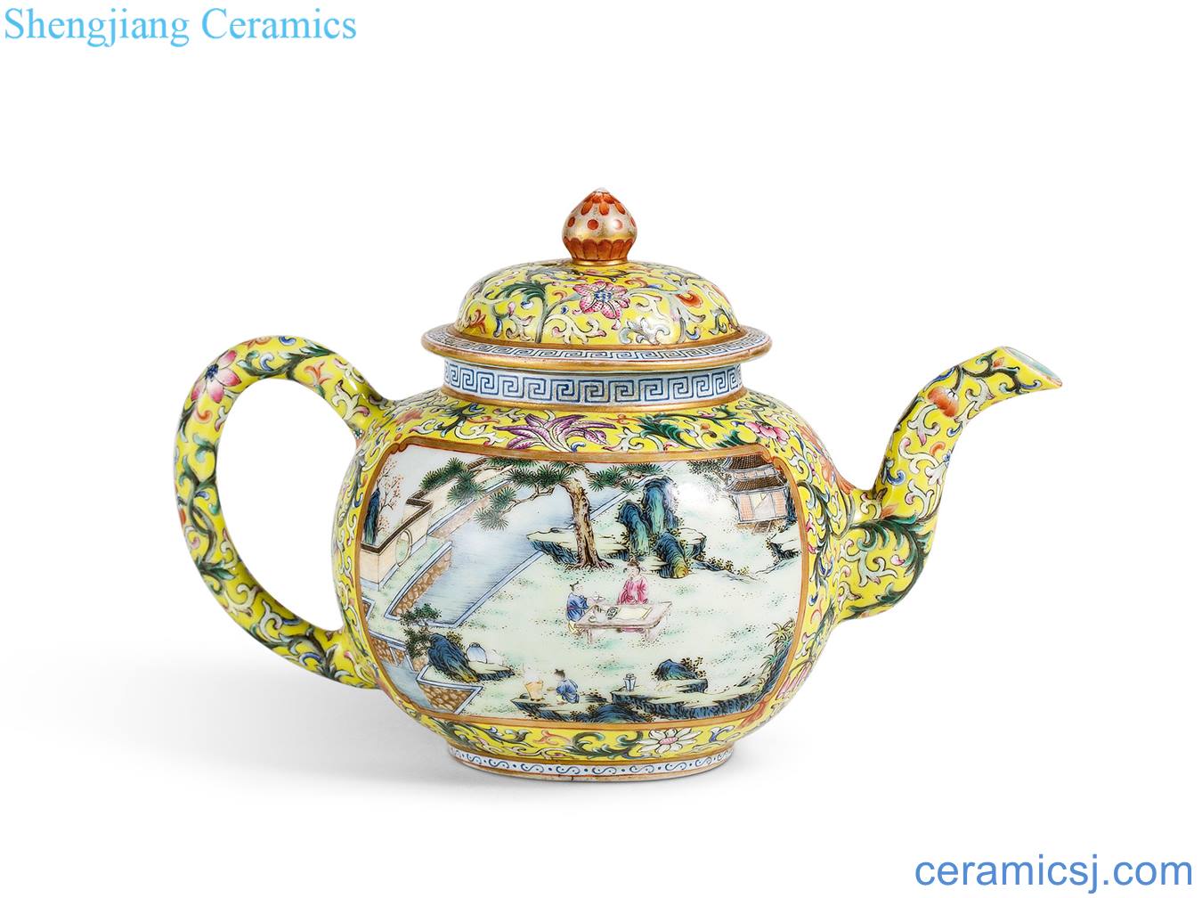 To pastel yellow medallion landscape character acknowledged the teapot