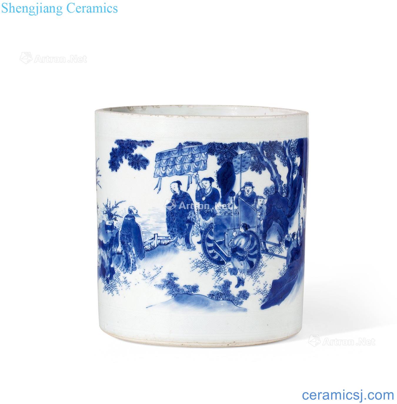 Ming chongzhen Blue and white king wen of zhou's visit to xian figure pen container