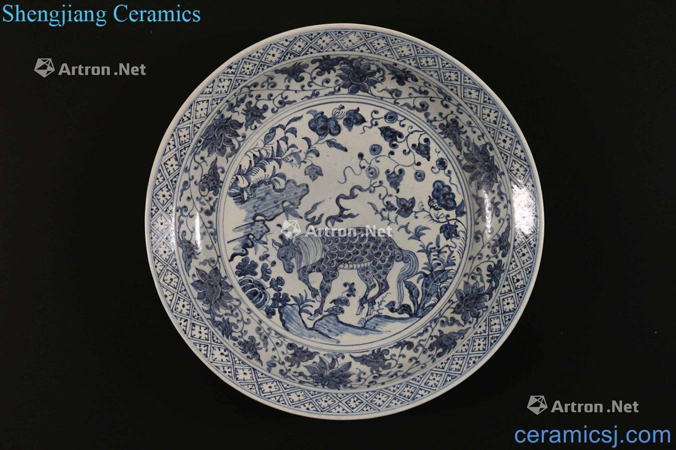 The 16 th century A MASSIVE BLUE AND WHITE POTTERY DISH DEPICTING A QILINCHINA/one