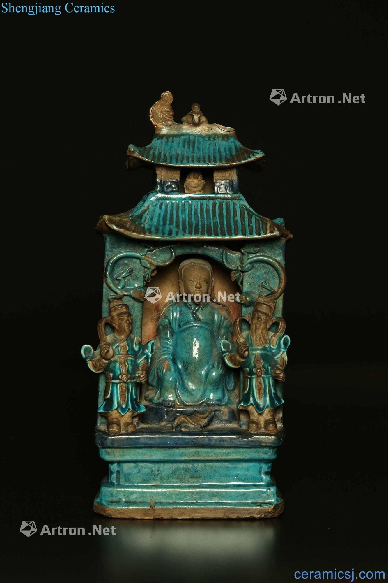 Ming dynasty A TURQUOISE GLAZED MODEL OF PAGODA WITH SERVANTS OF CHINA