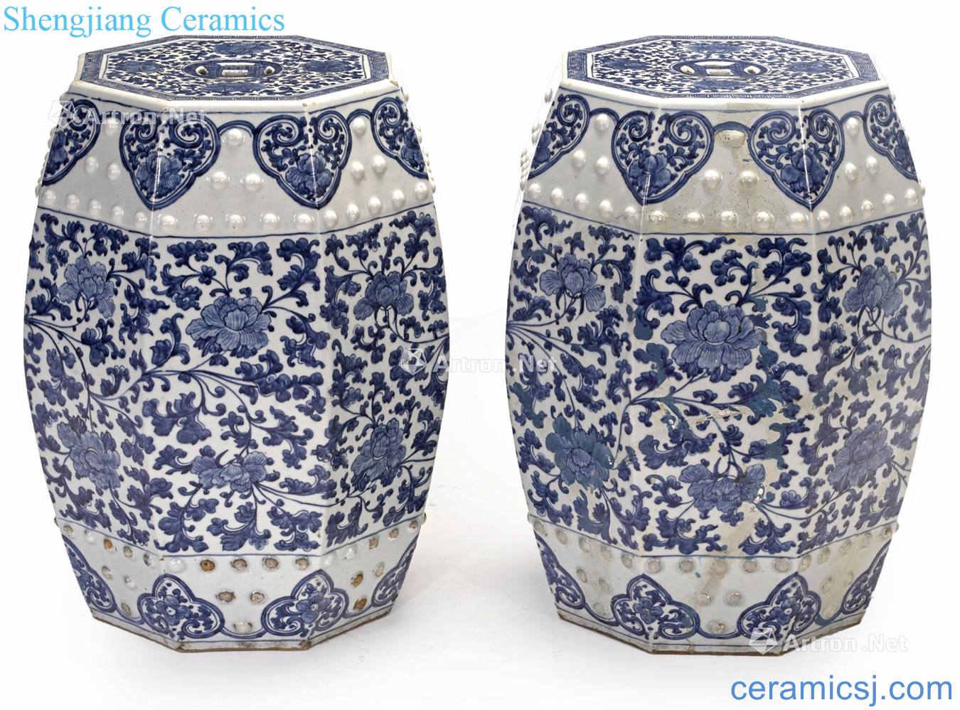 A PAIR OF BLUE AND WHITE GARDEN STOOLS OF OCTAGONAL SECTION