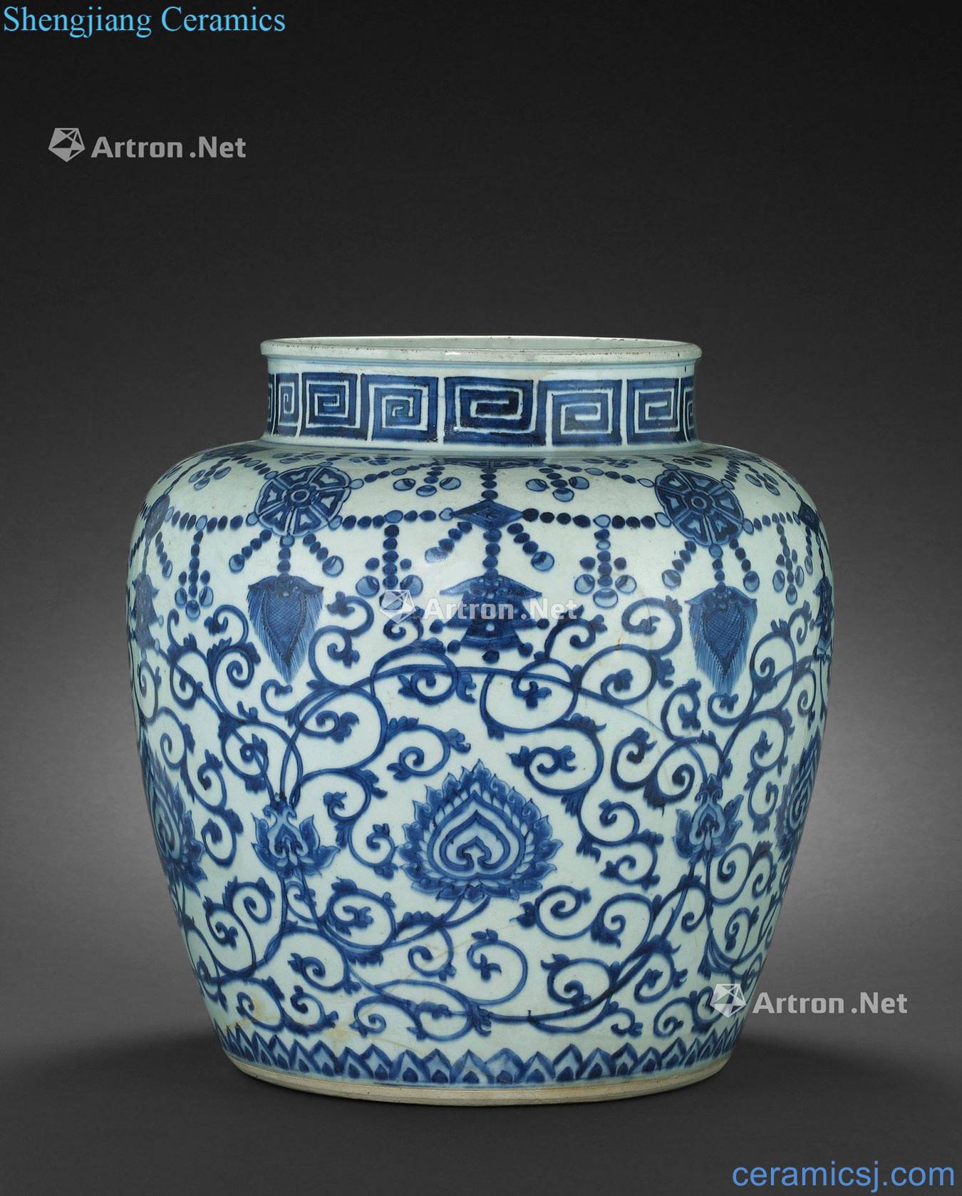 Late Ming dynasty Blue and white tie up branch lotus grain big pot