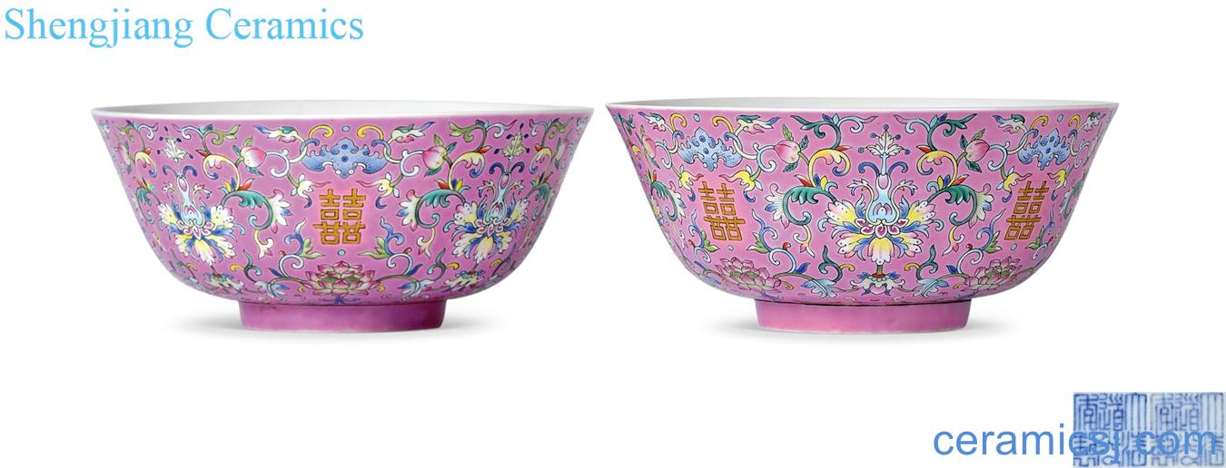 Qing daoguang powder in pastel flowers happy character lines around branches big bowl (a)