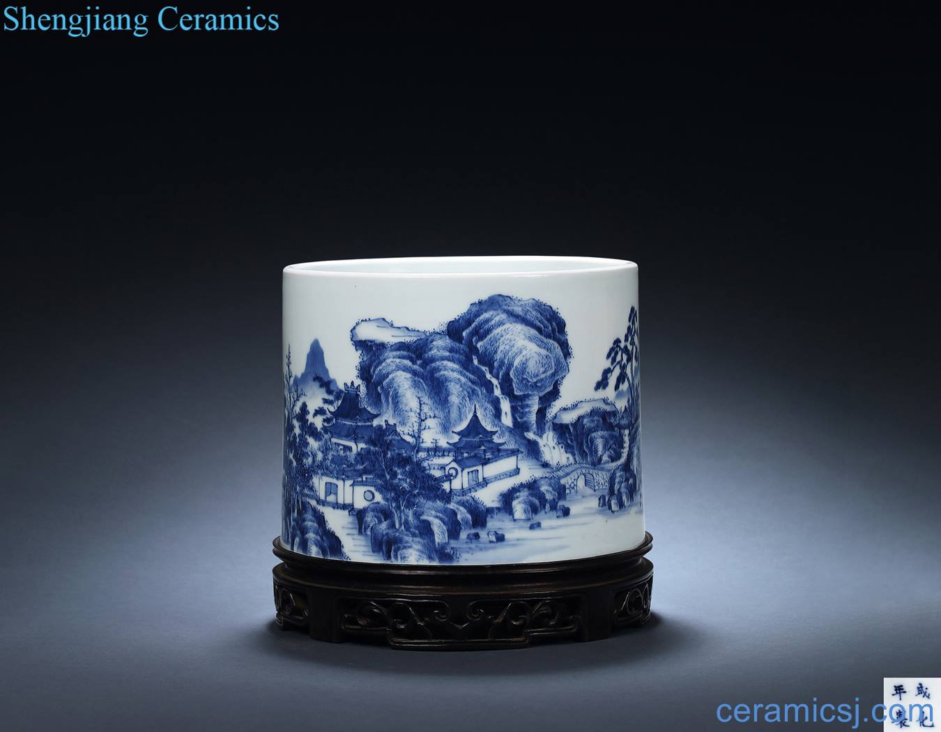 Qing yongzheng Blue and white landscape character brush pot
